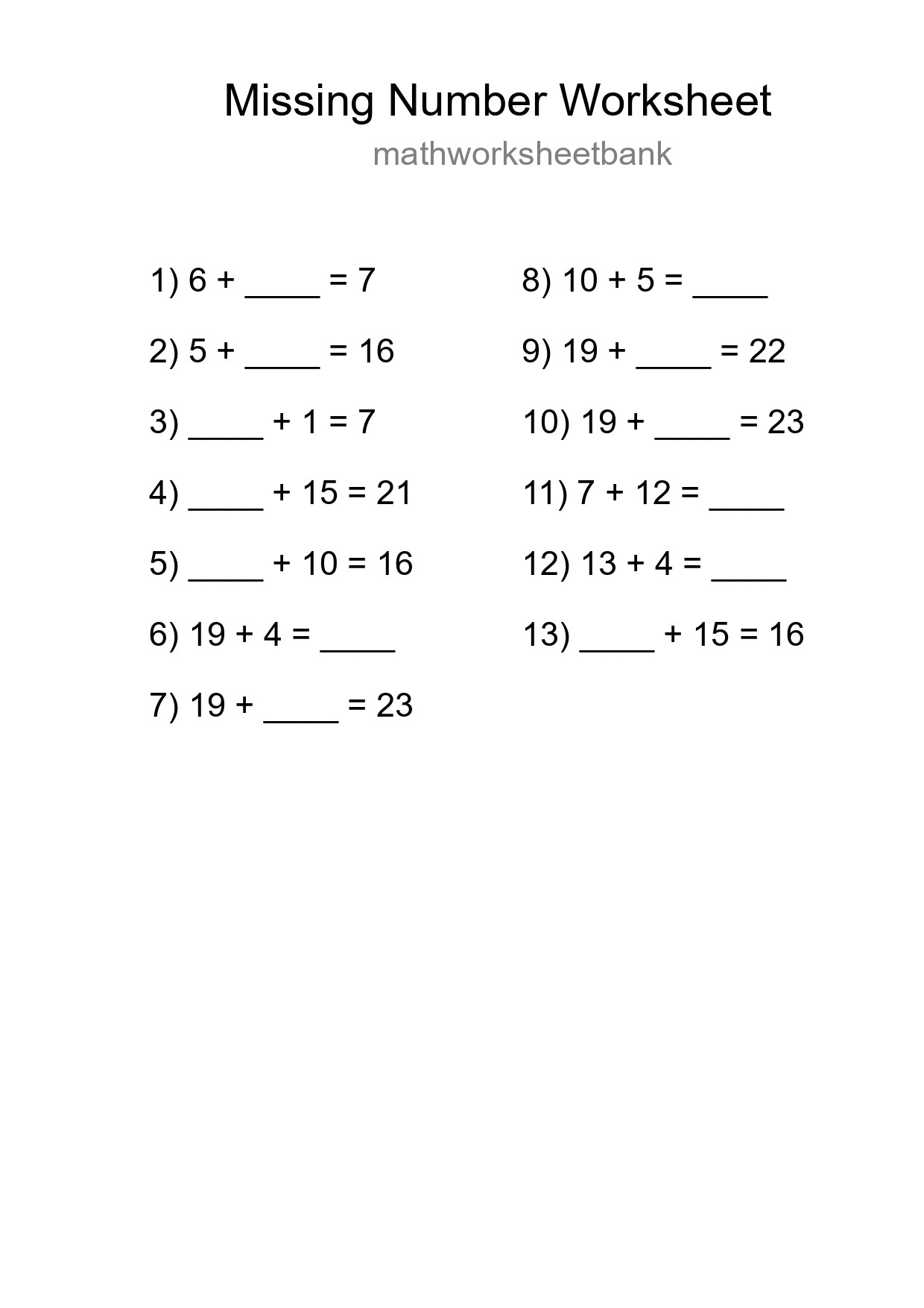 Missing Number Math Worksheet