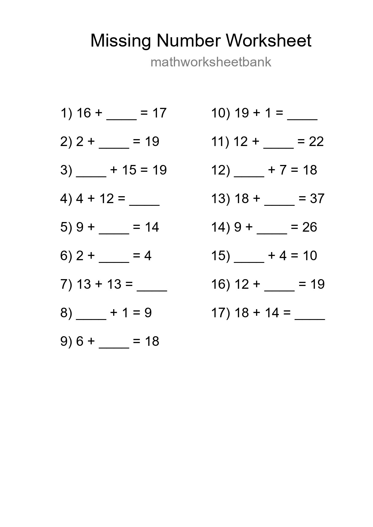 Missing Number Math Worksheet