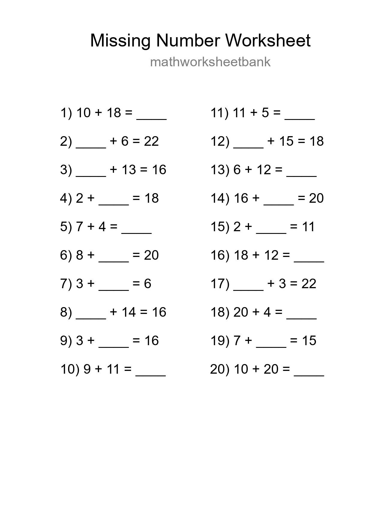 Missing Number Math Worksheet