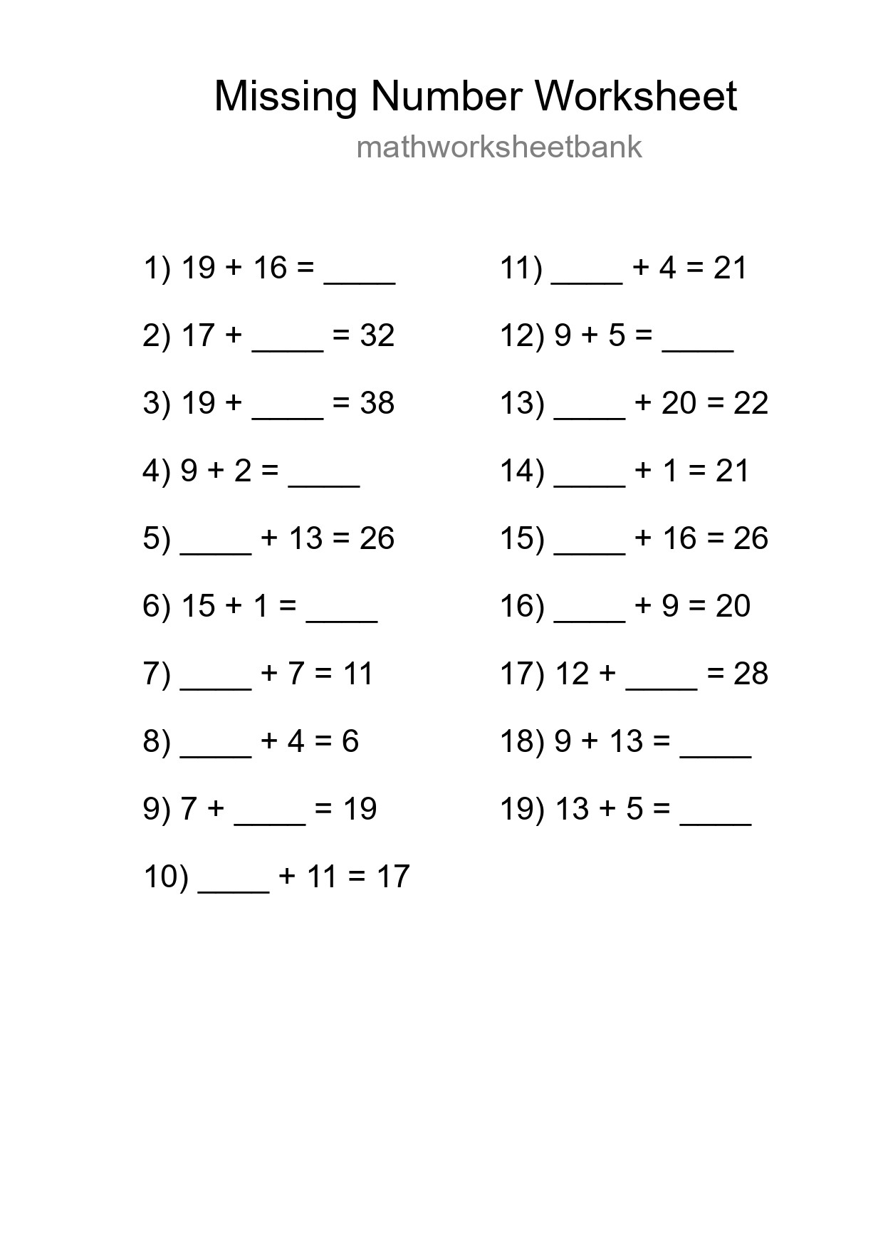 Missing Number Math Worksheet
