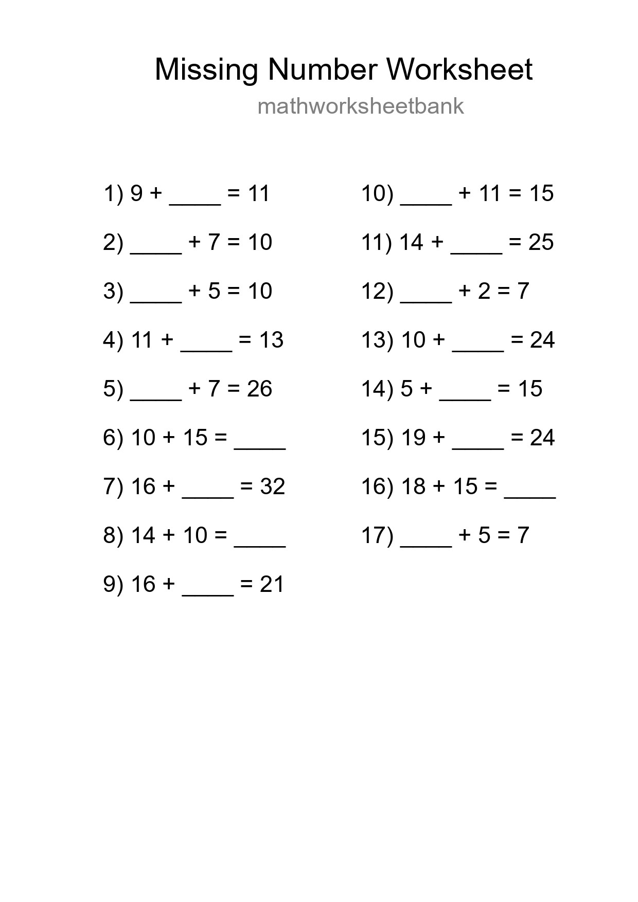 Missing Number Math Worksheet