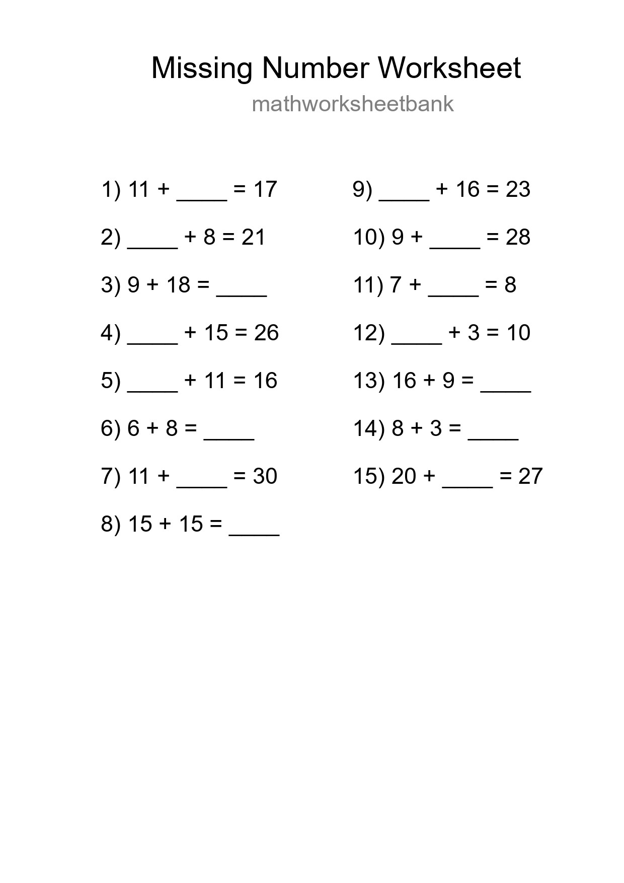 Missing Number Math Worksheet