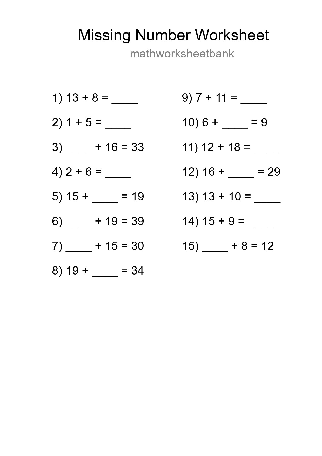 Missing Number Math Worksheet