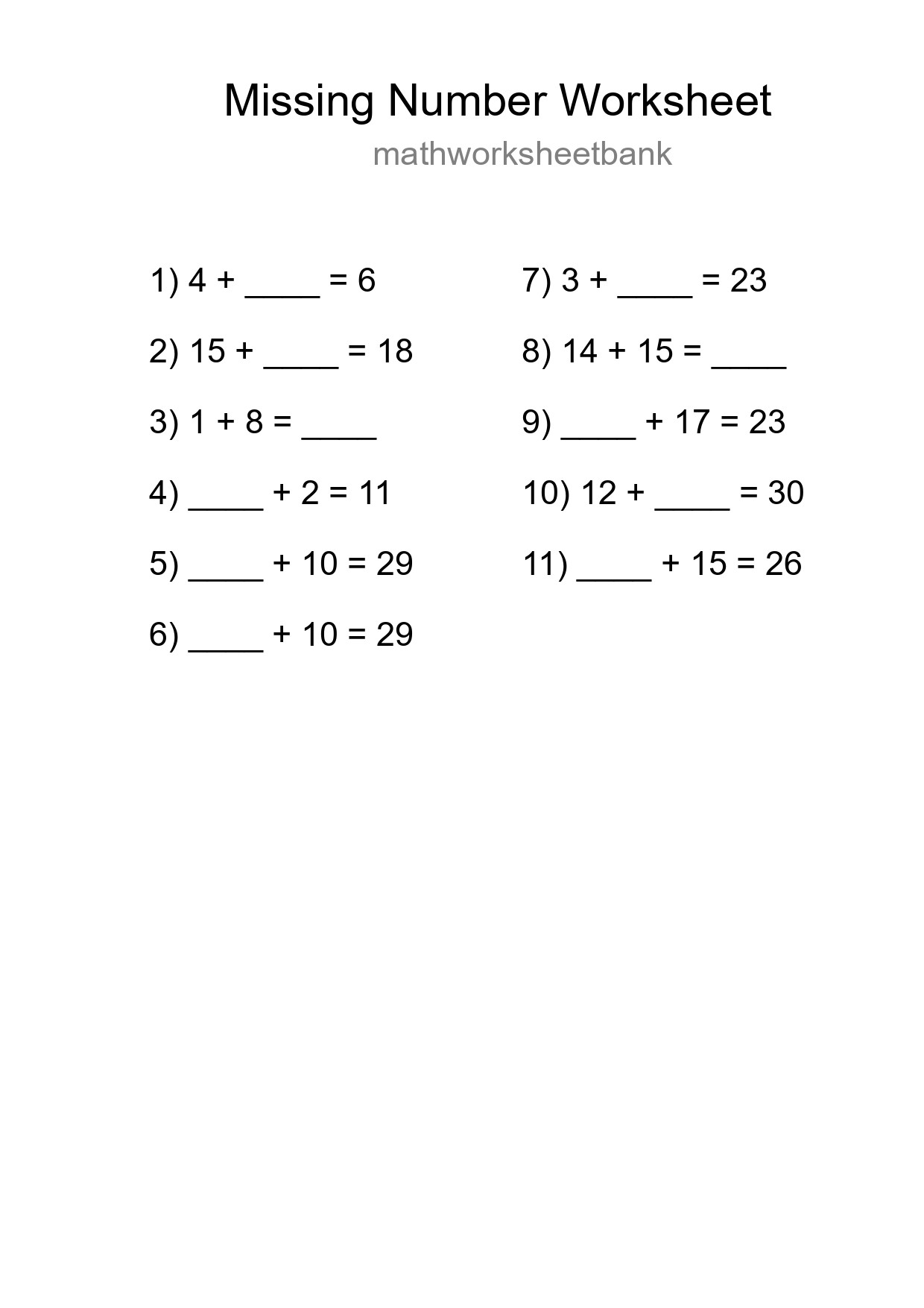 Missing Number Math Worksheet