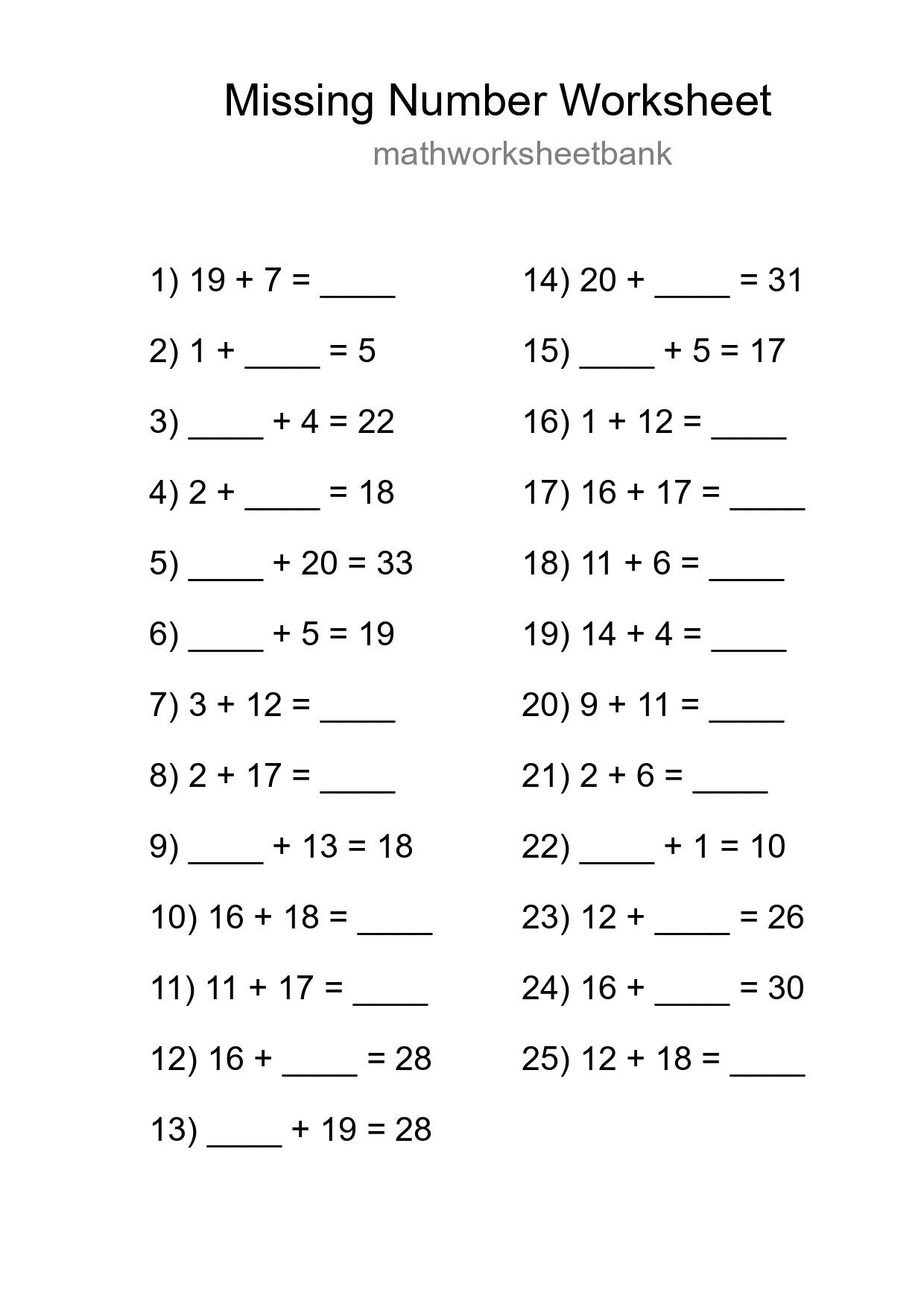 Missing Number Math Worksheet