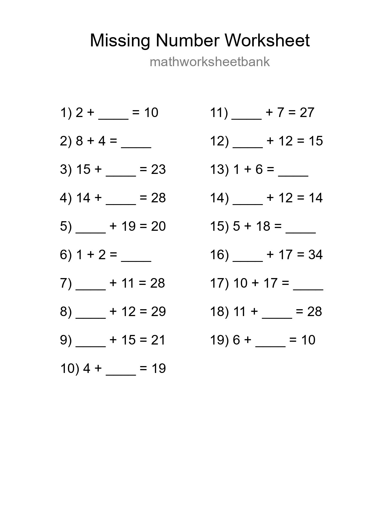 Missing Number Math Worksheet
