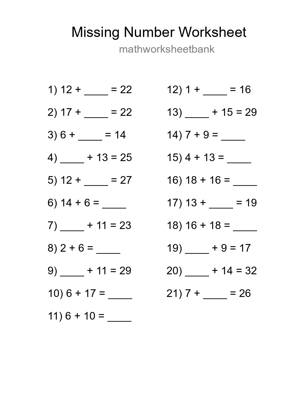 Missing Number Math Worksheet