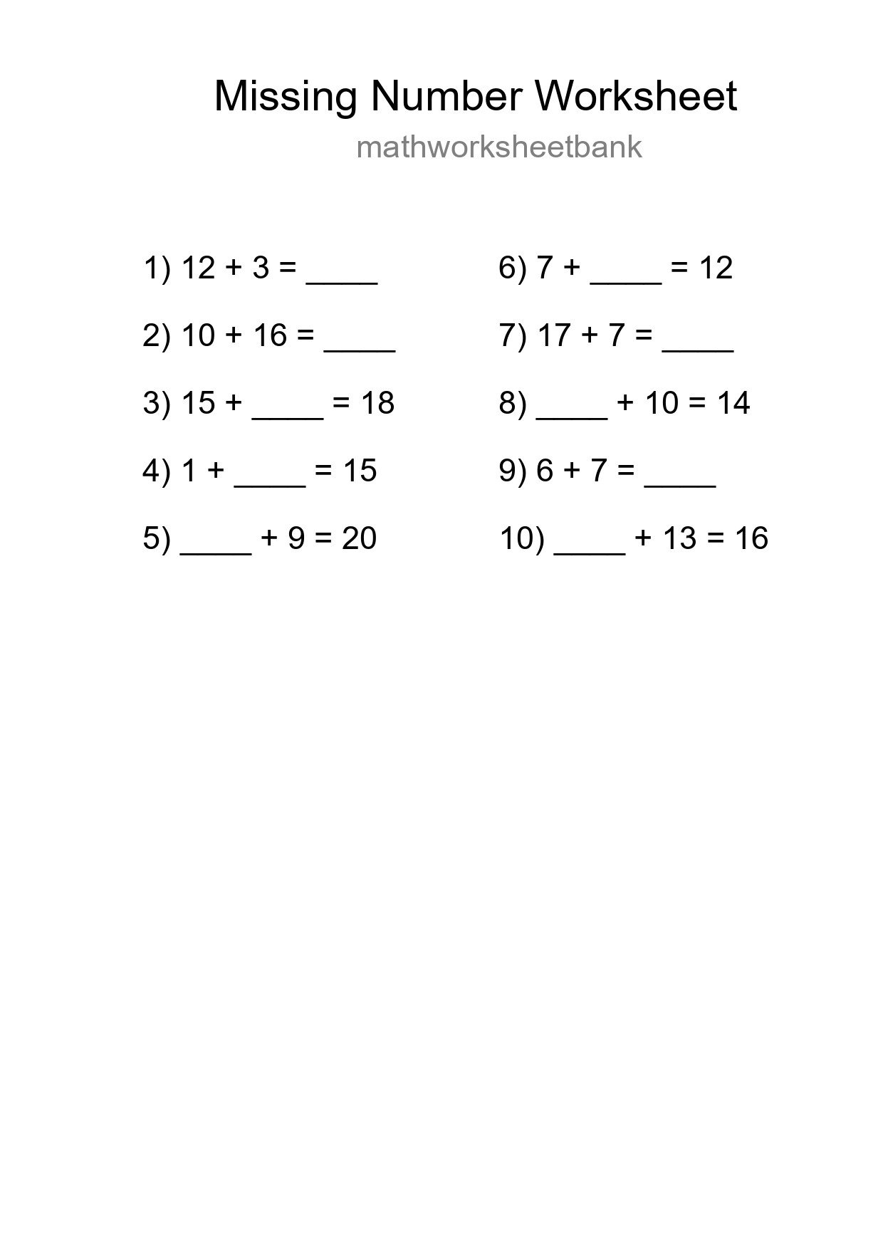 Missing Number Math Worksheet