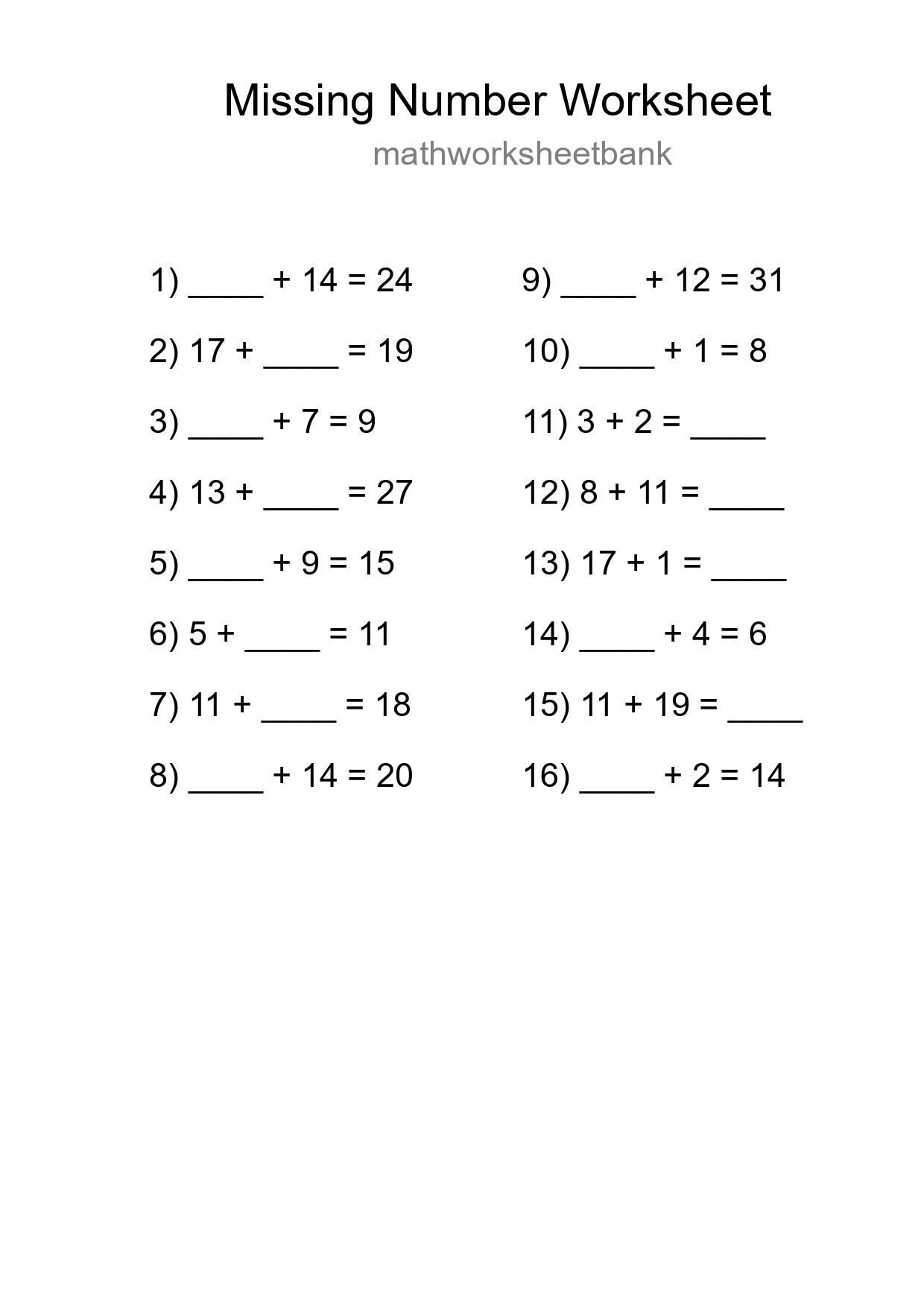 Missing Number Math Worksheet