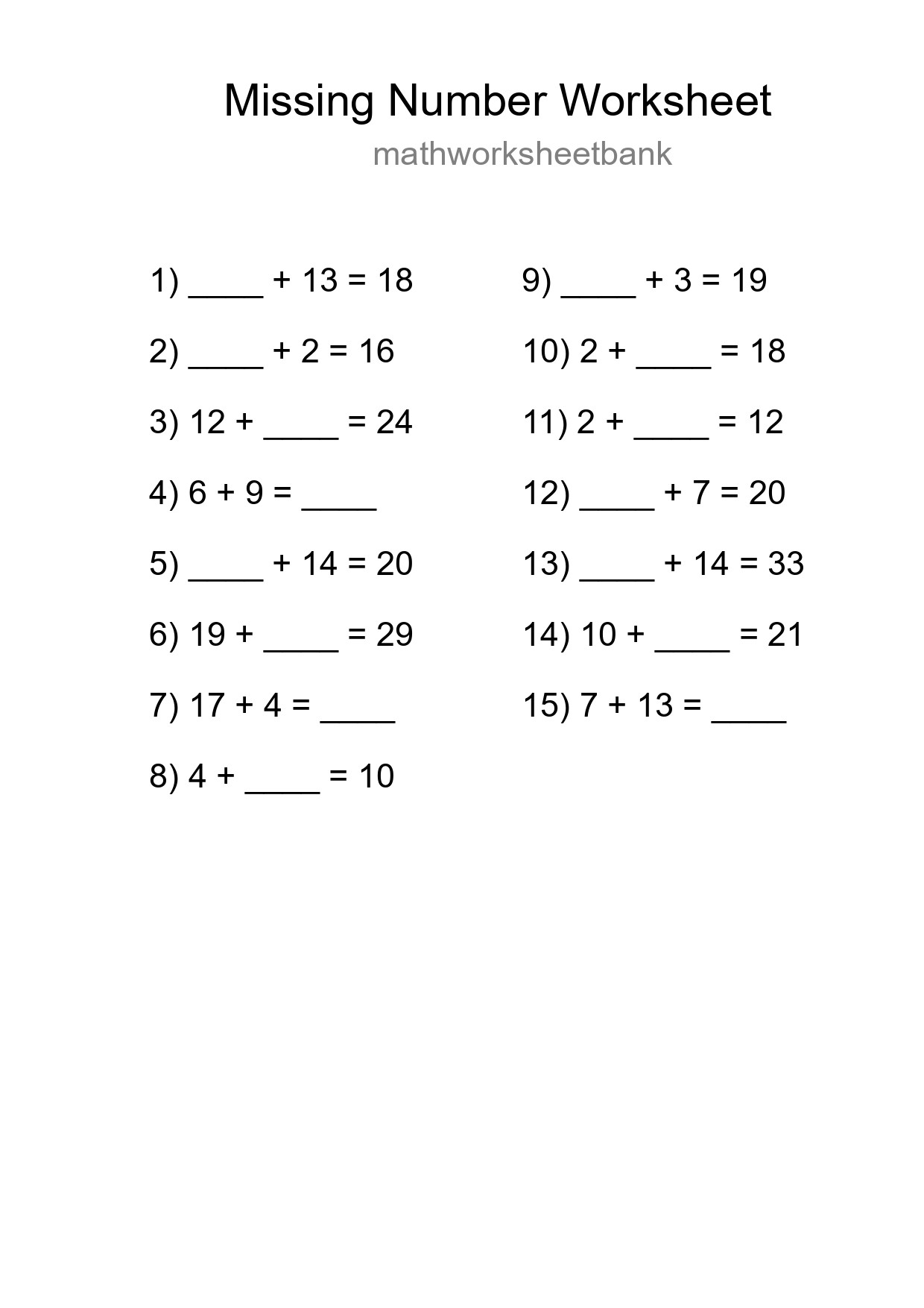 Missing Number Math Worksheet