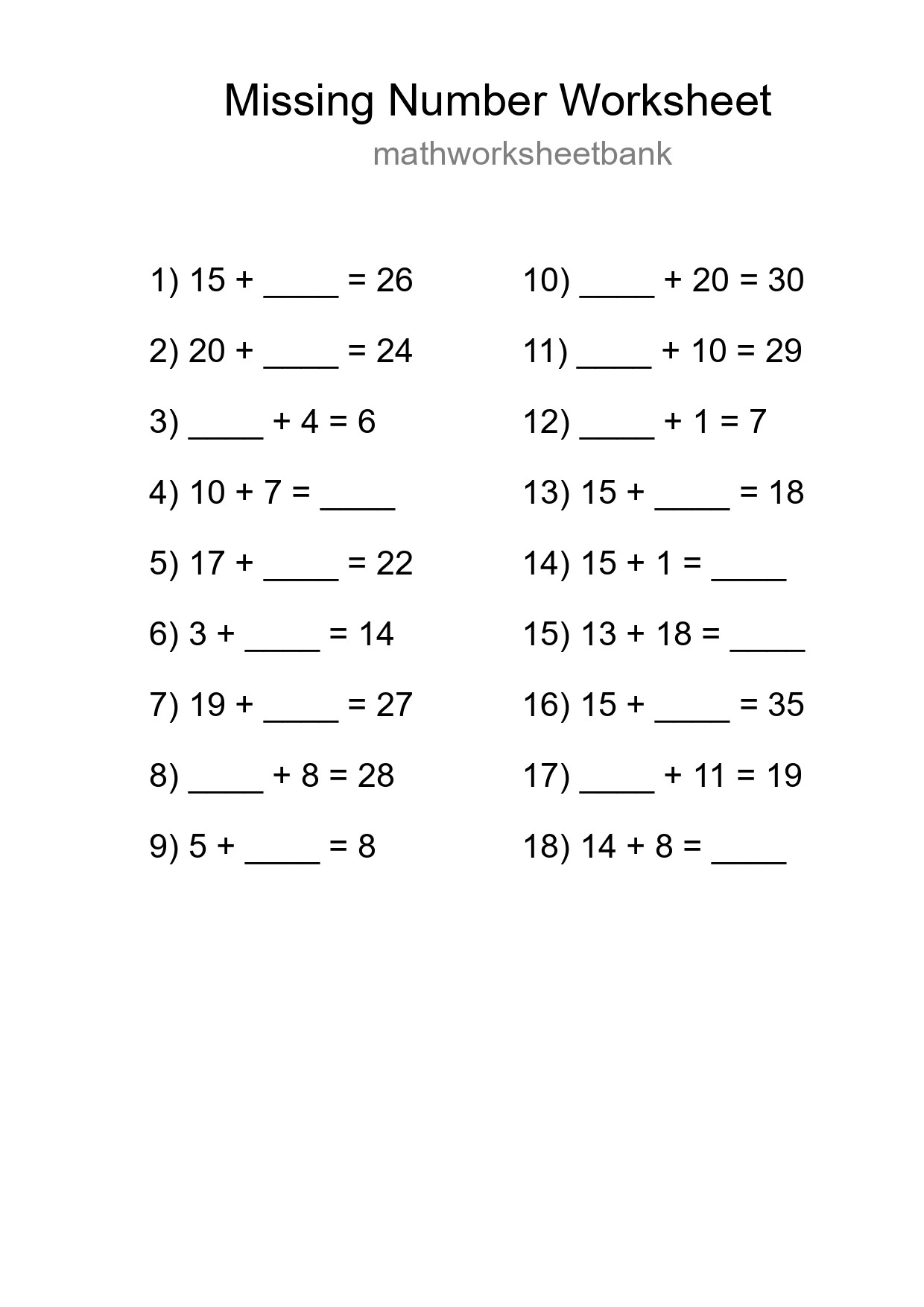 Missing Number Math Worksheet