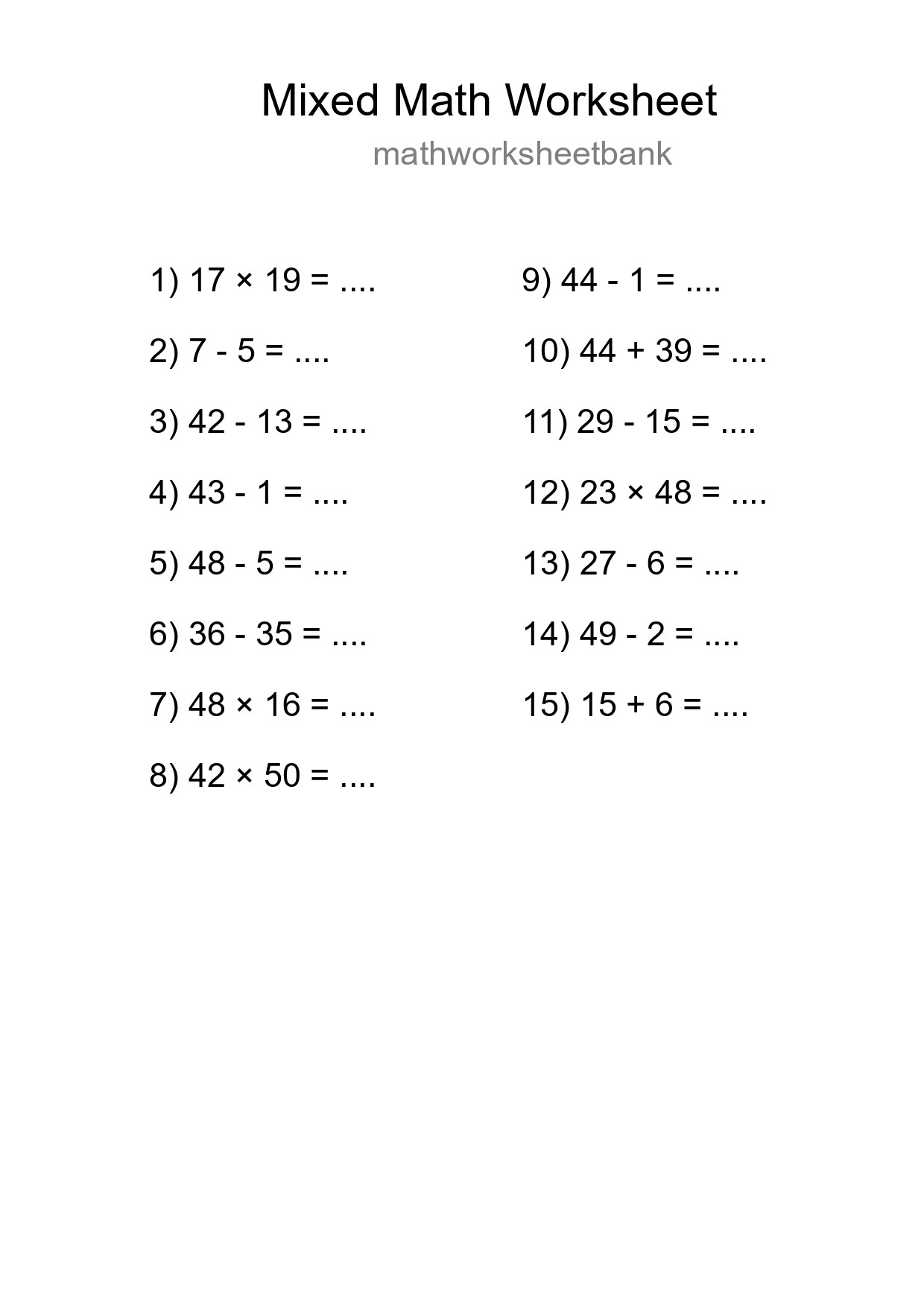 Mixed Operations Math Worksheet