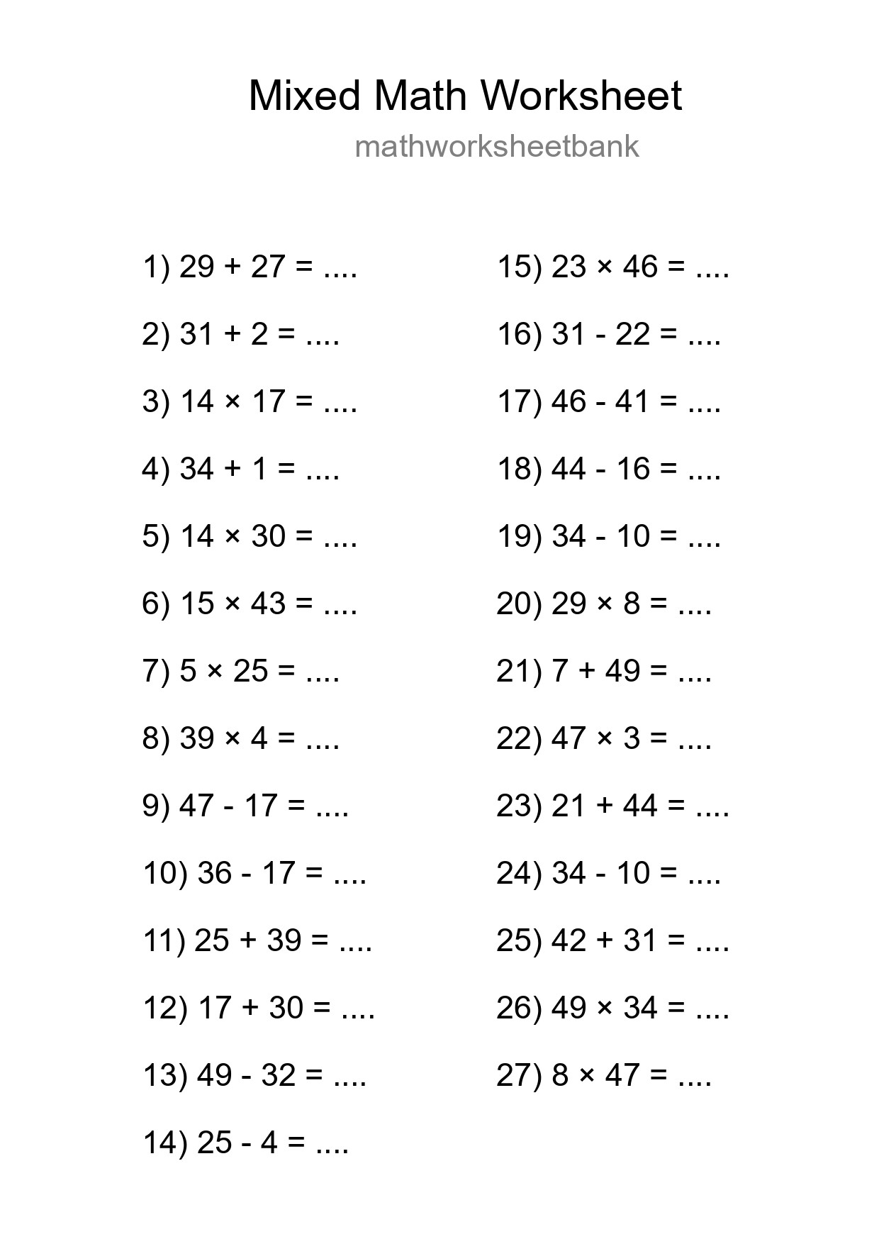 Mixed Operations Math Worksheet