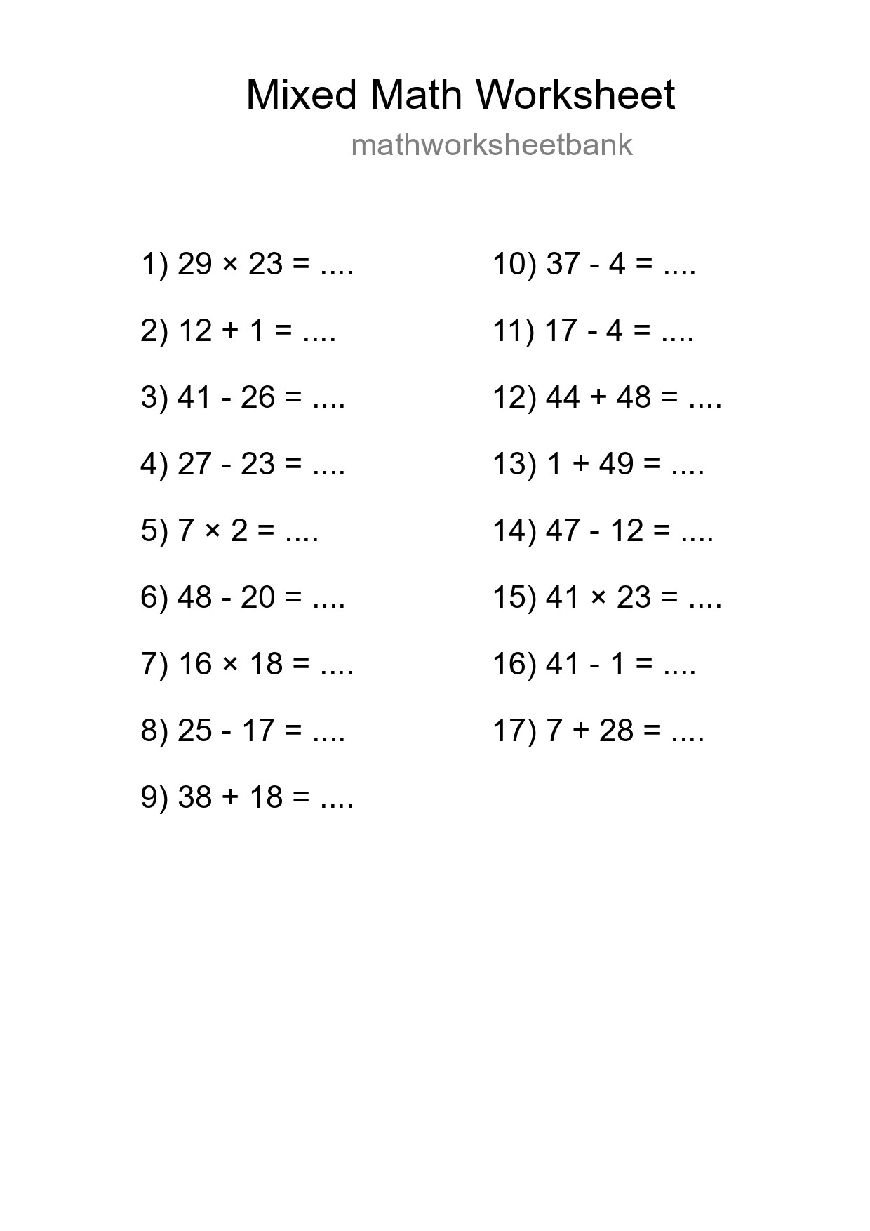 Mixed Operations Math Worksheet