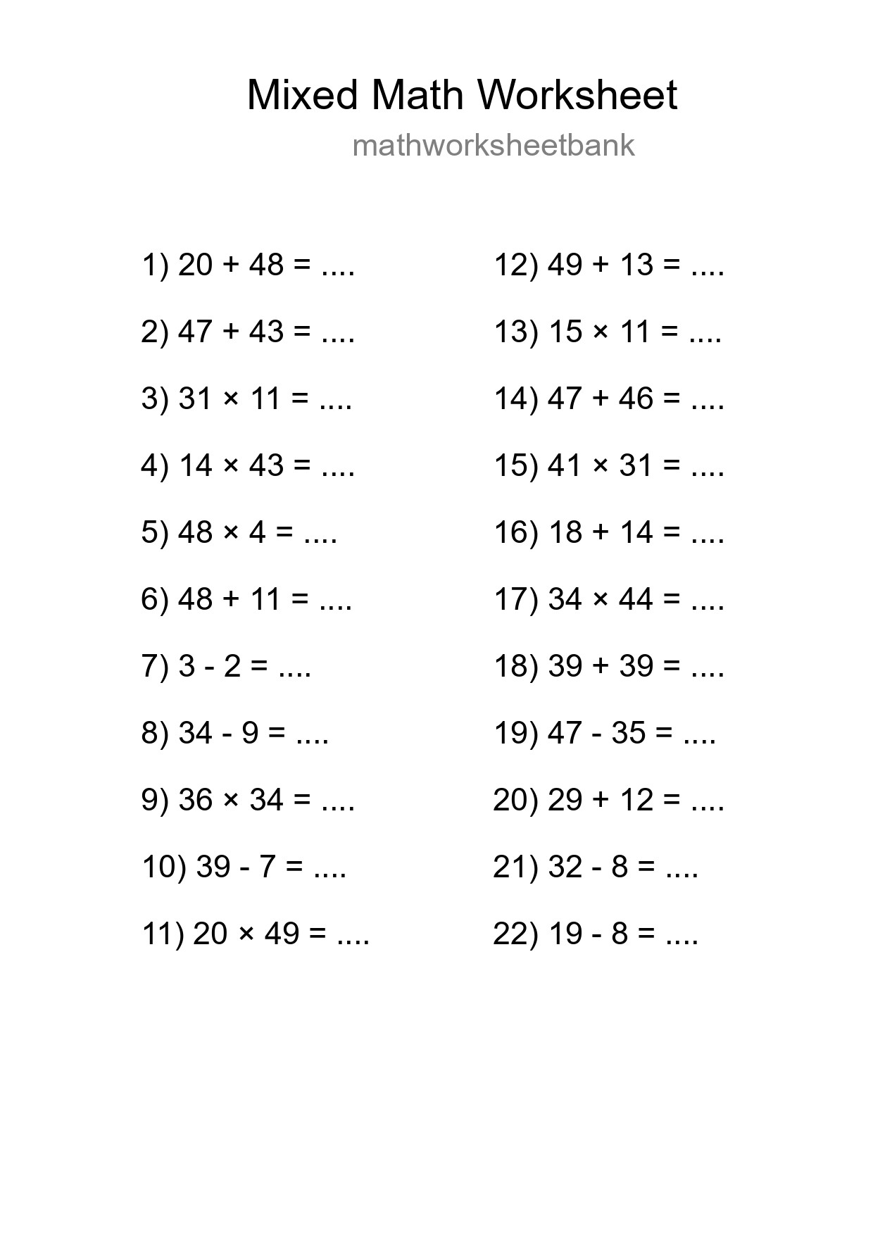 Mixed Operations Math Worksheet