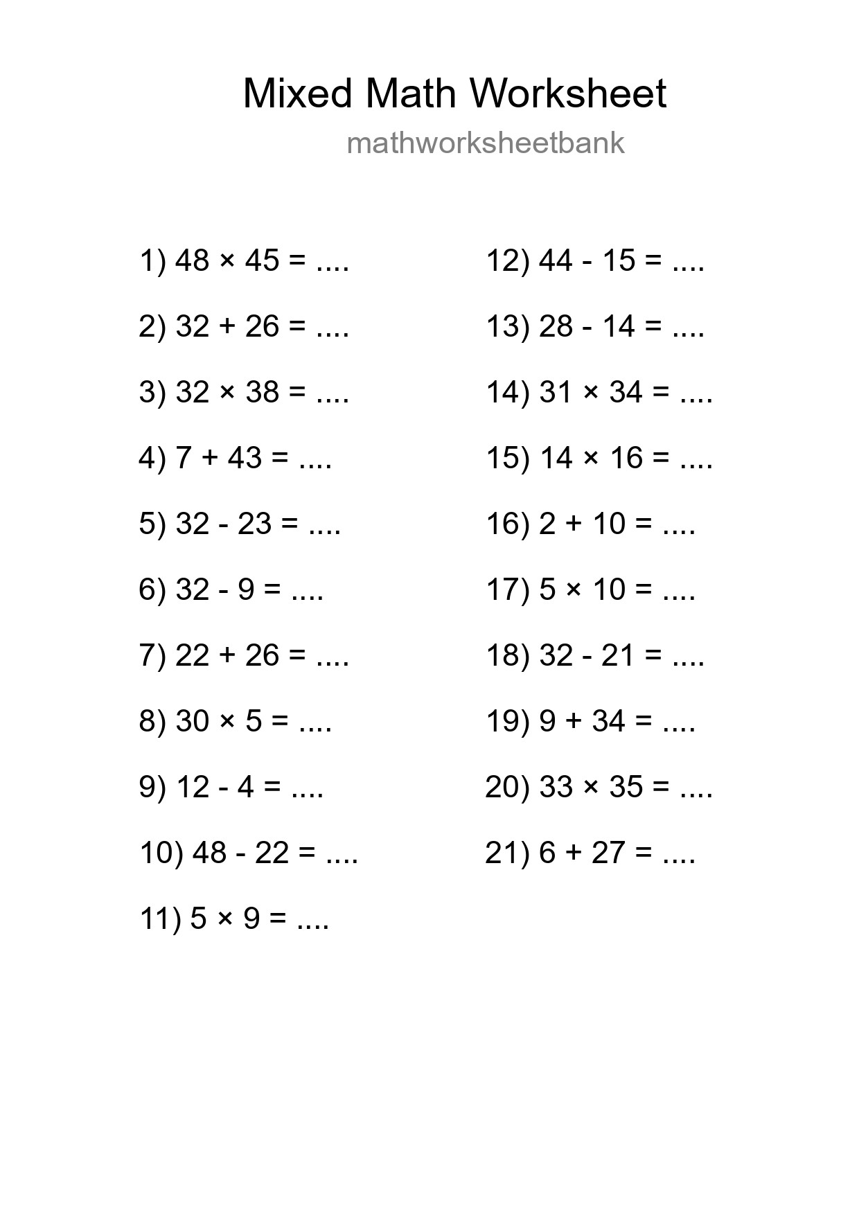 Mixed Operations Math Worksheet