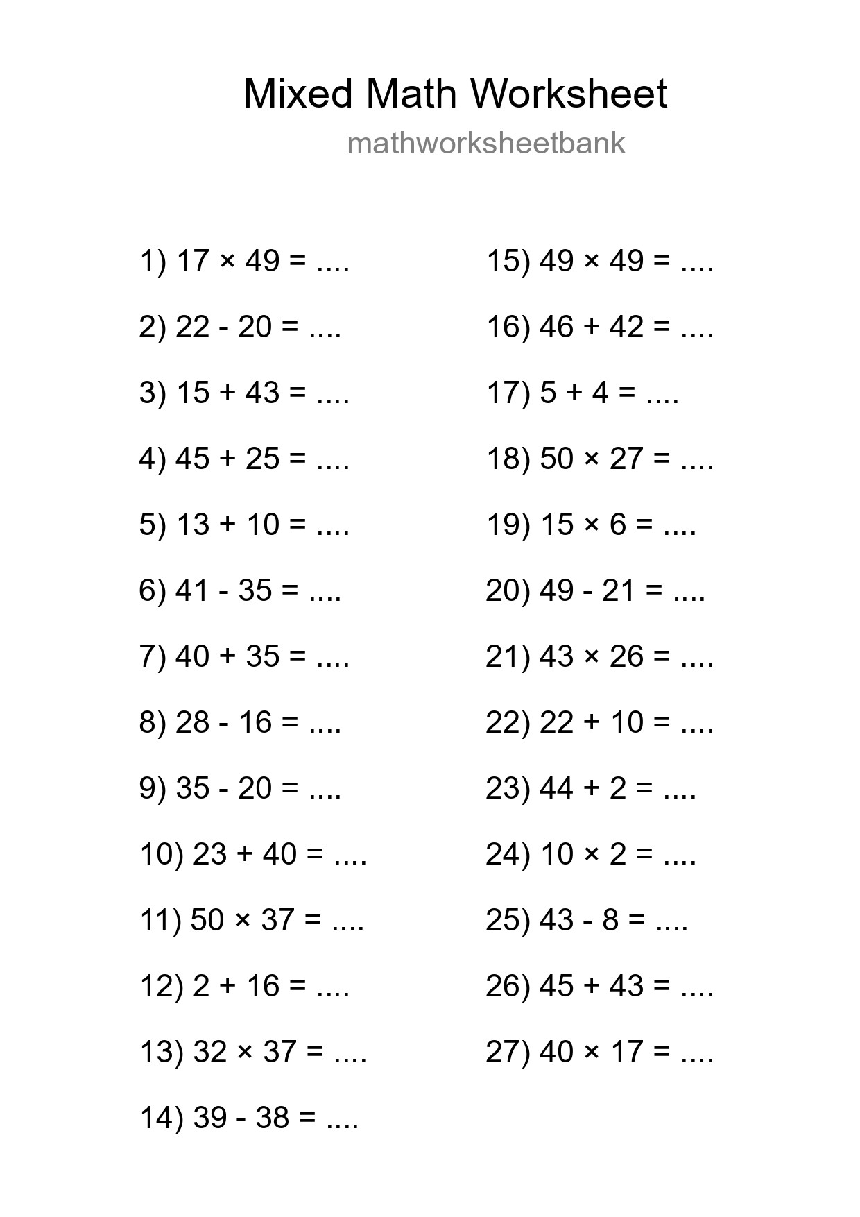 Mixed Operations Math Worksheet