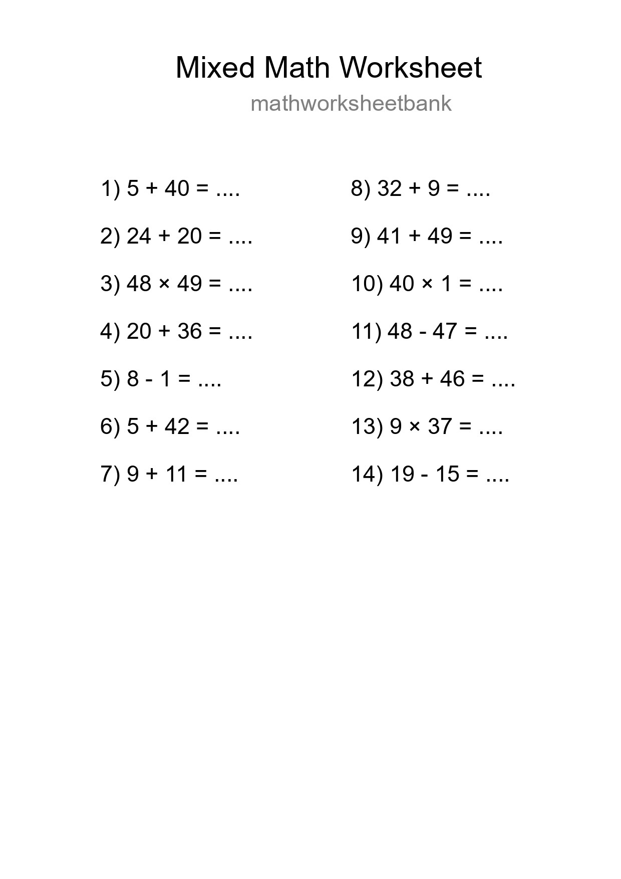 Mixed Operations Math Worksheet