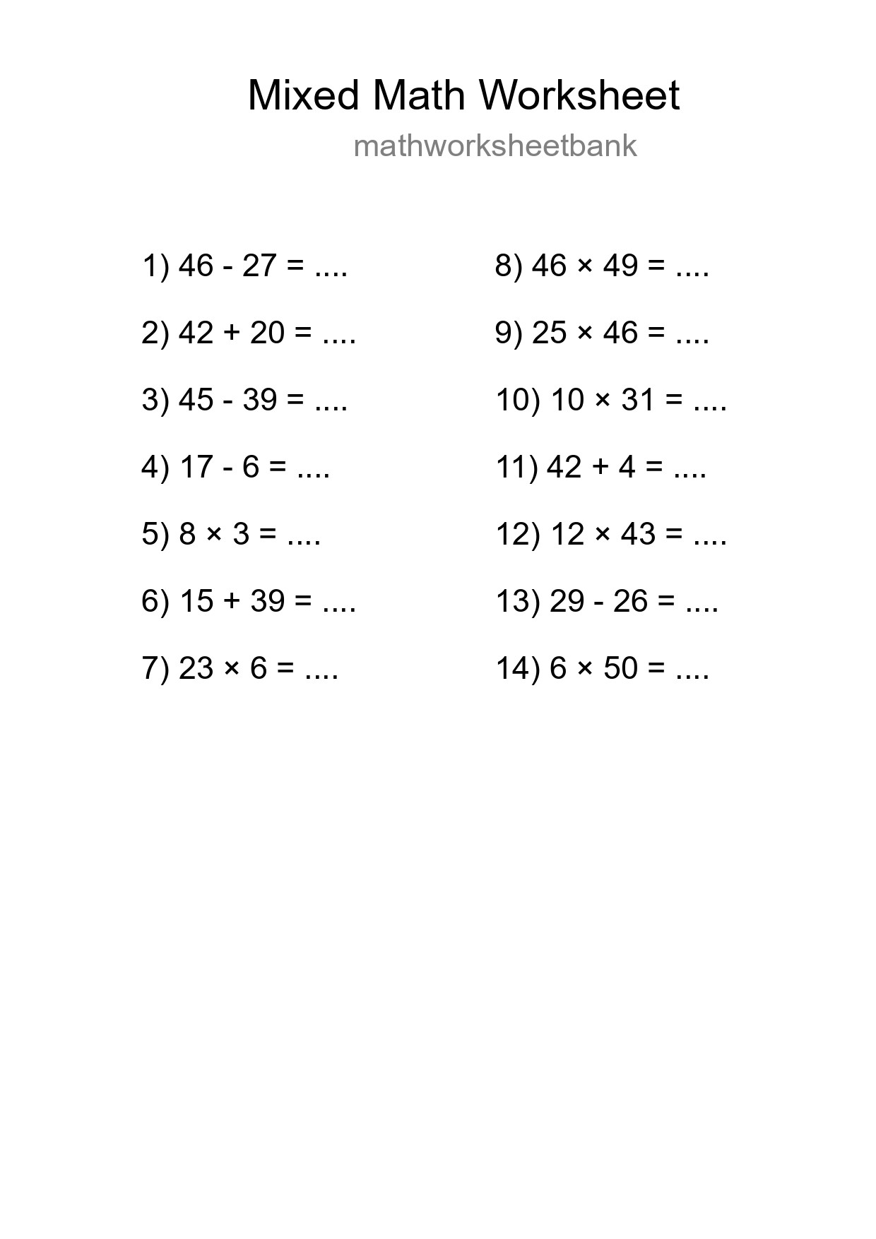 Mixed Operations Math Worksheet