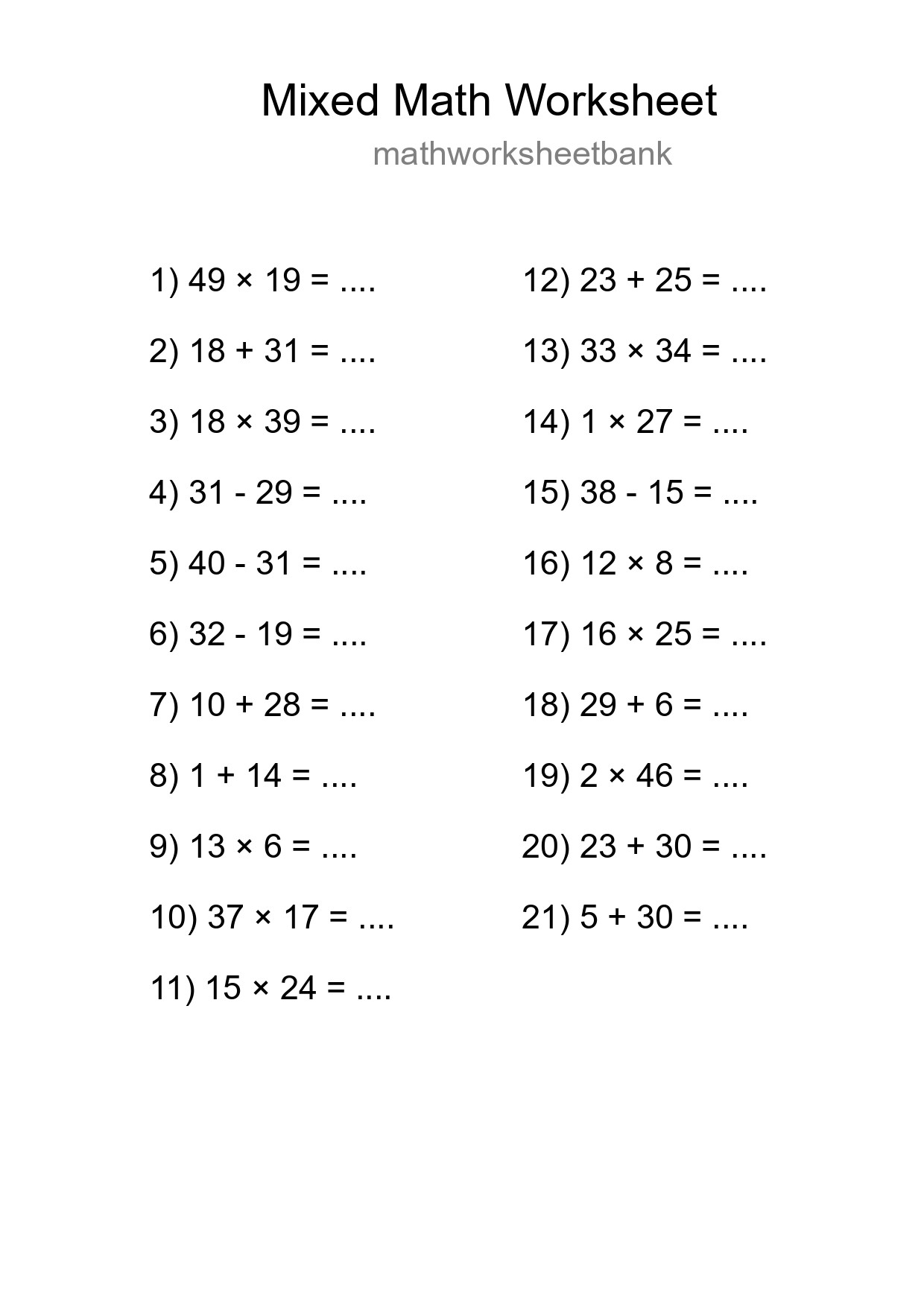 Mixed Operations Math Worksheet