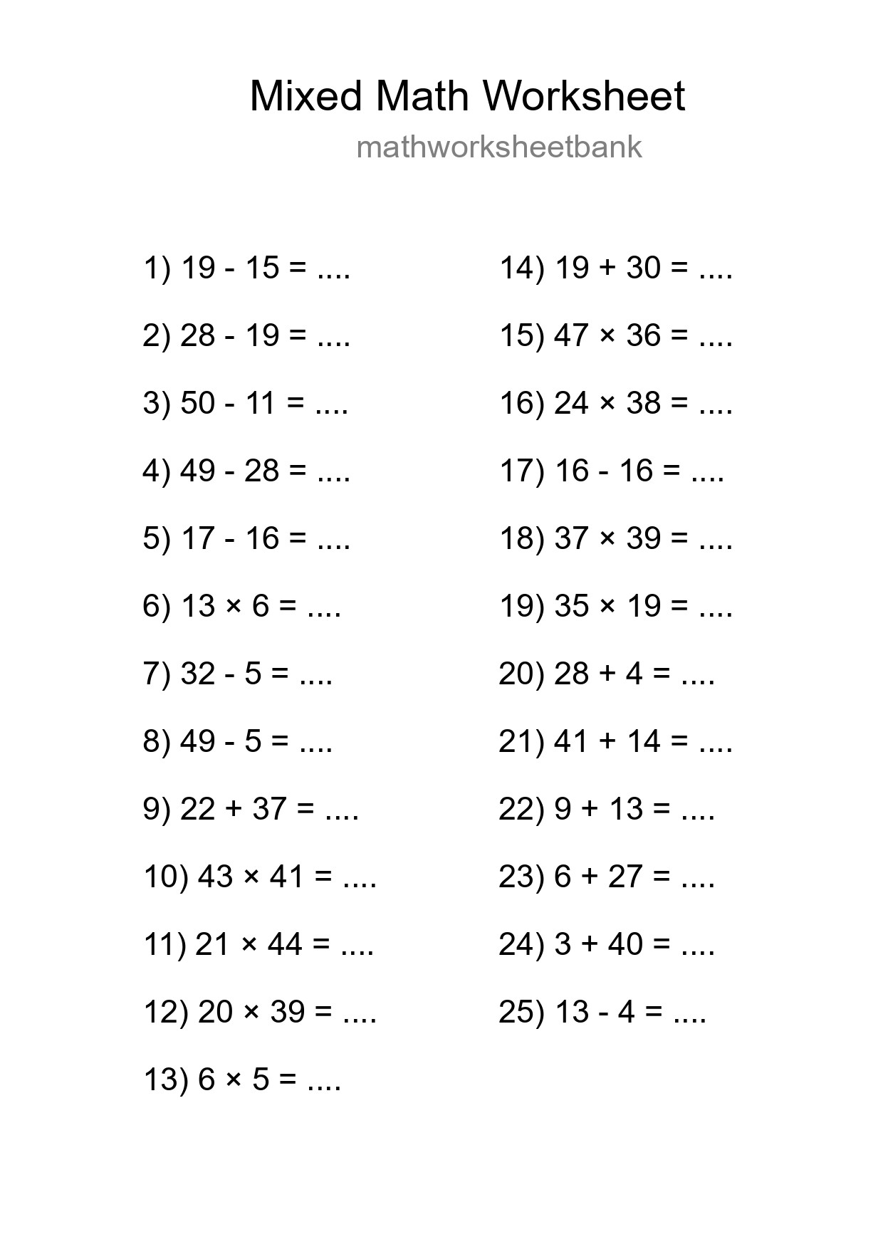 Mixed Operations Math Worksheet