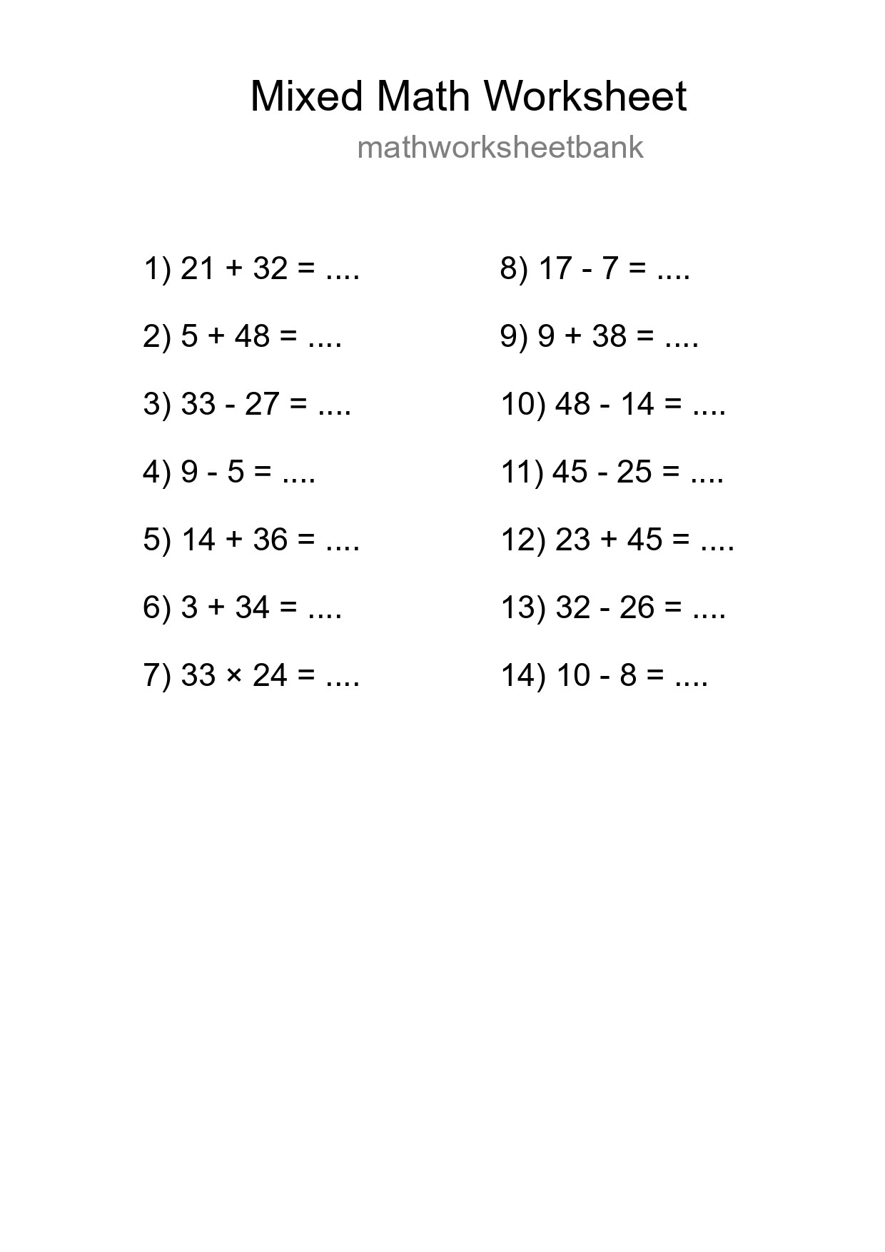 Mixed Operations Math Worksheet