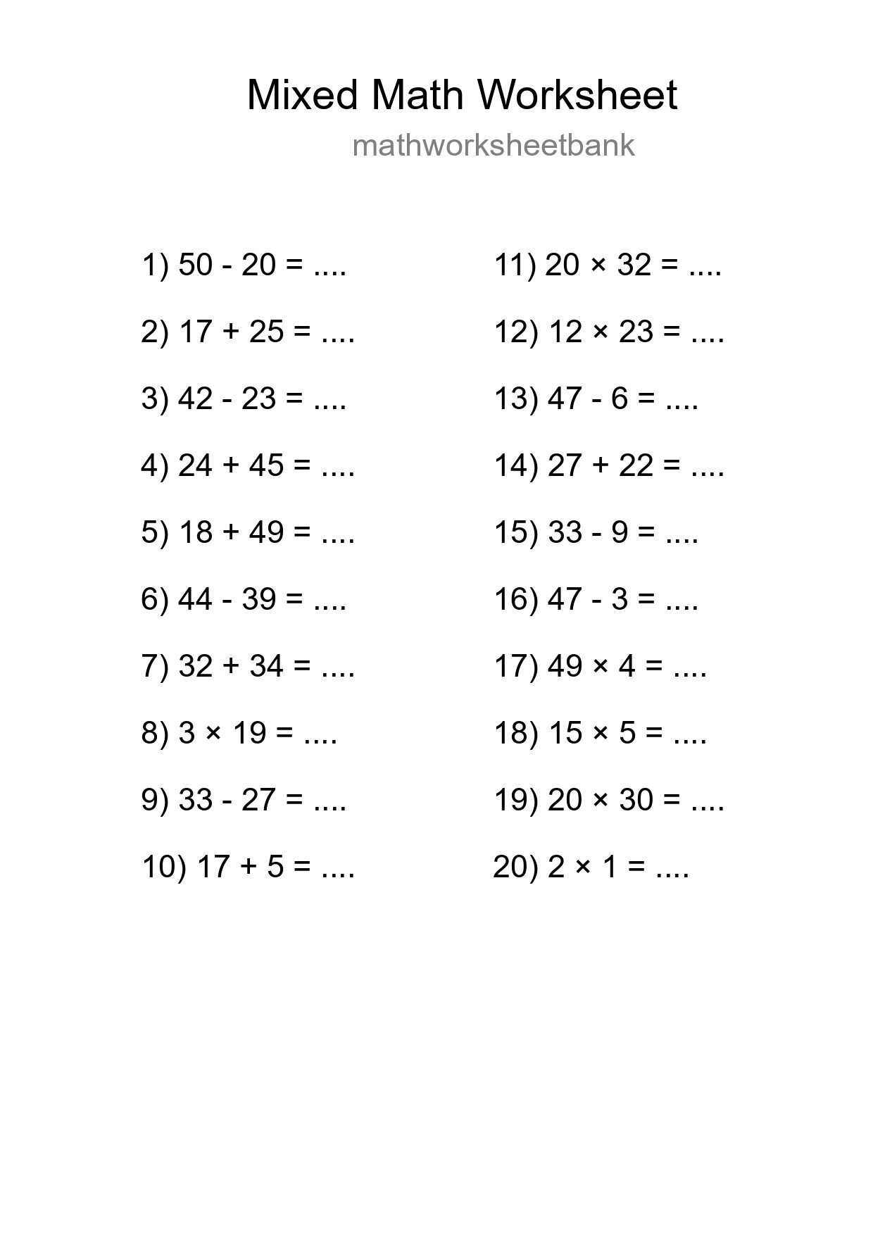 Mixed Operations Math Worksheet