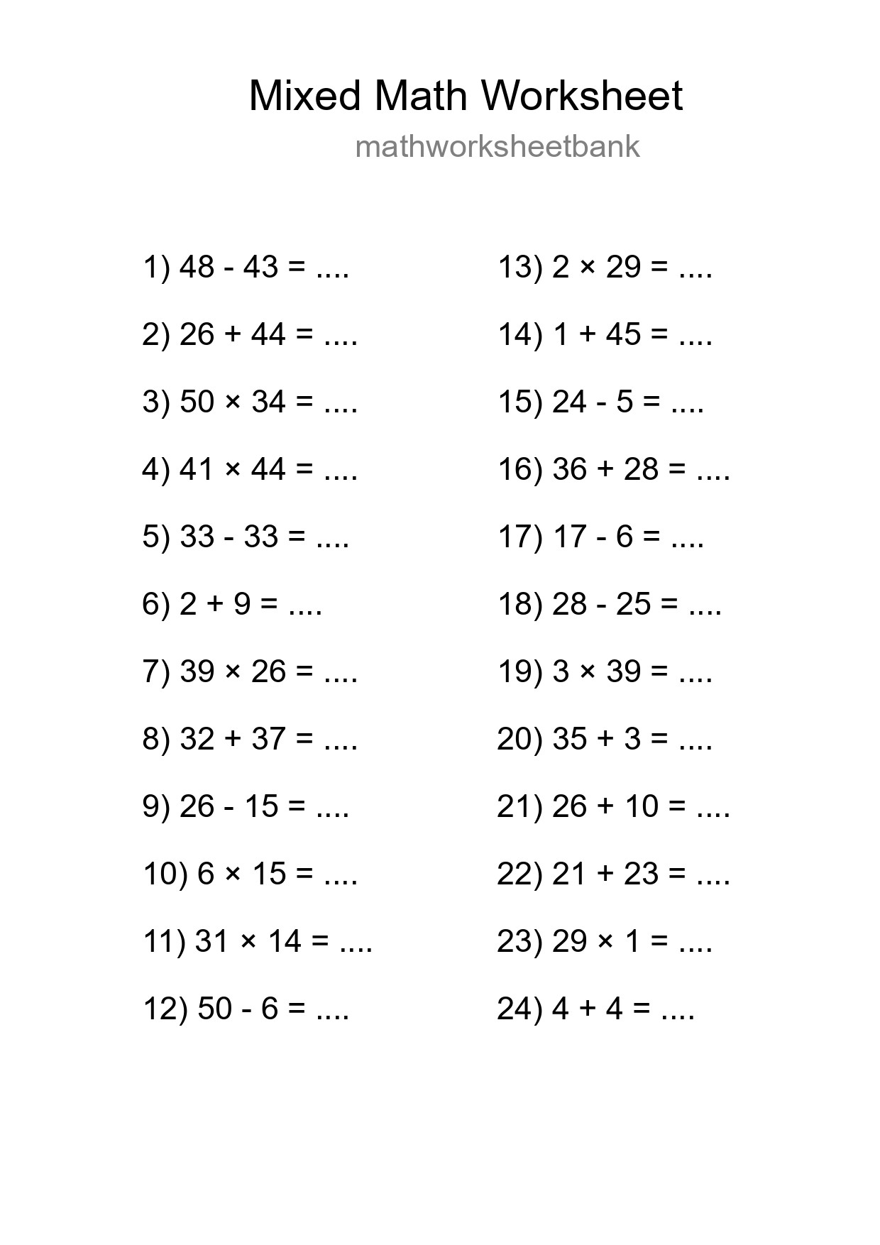 Mixed Operations Math Worksheet