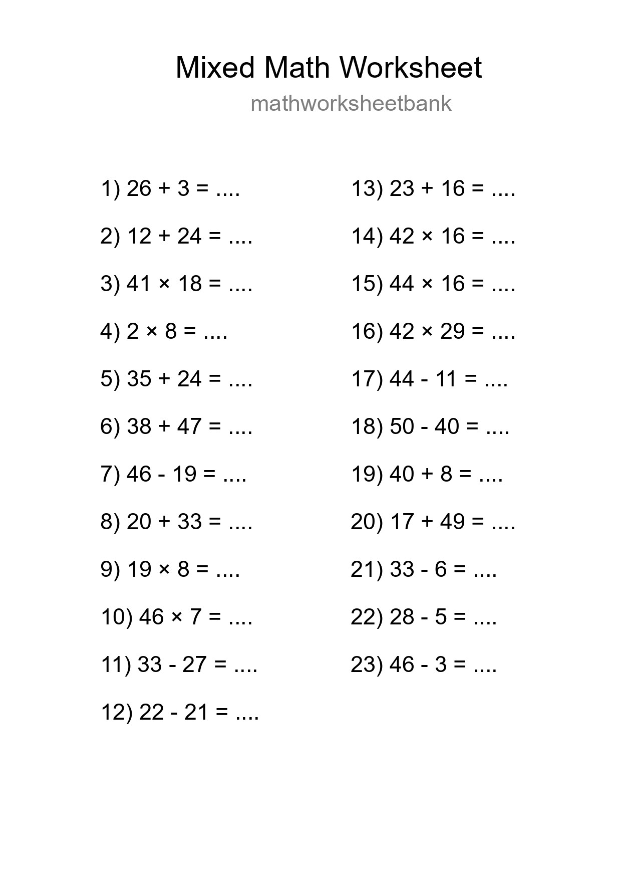 Mixed Operations Math Worksheet