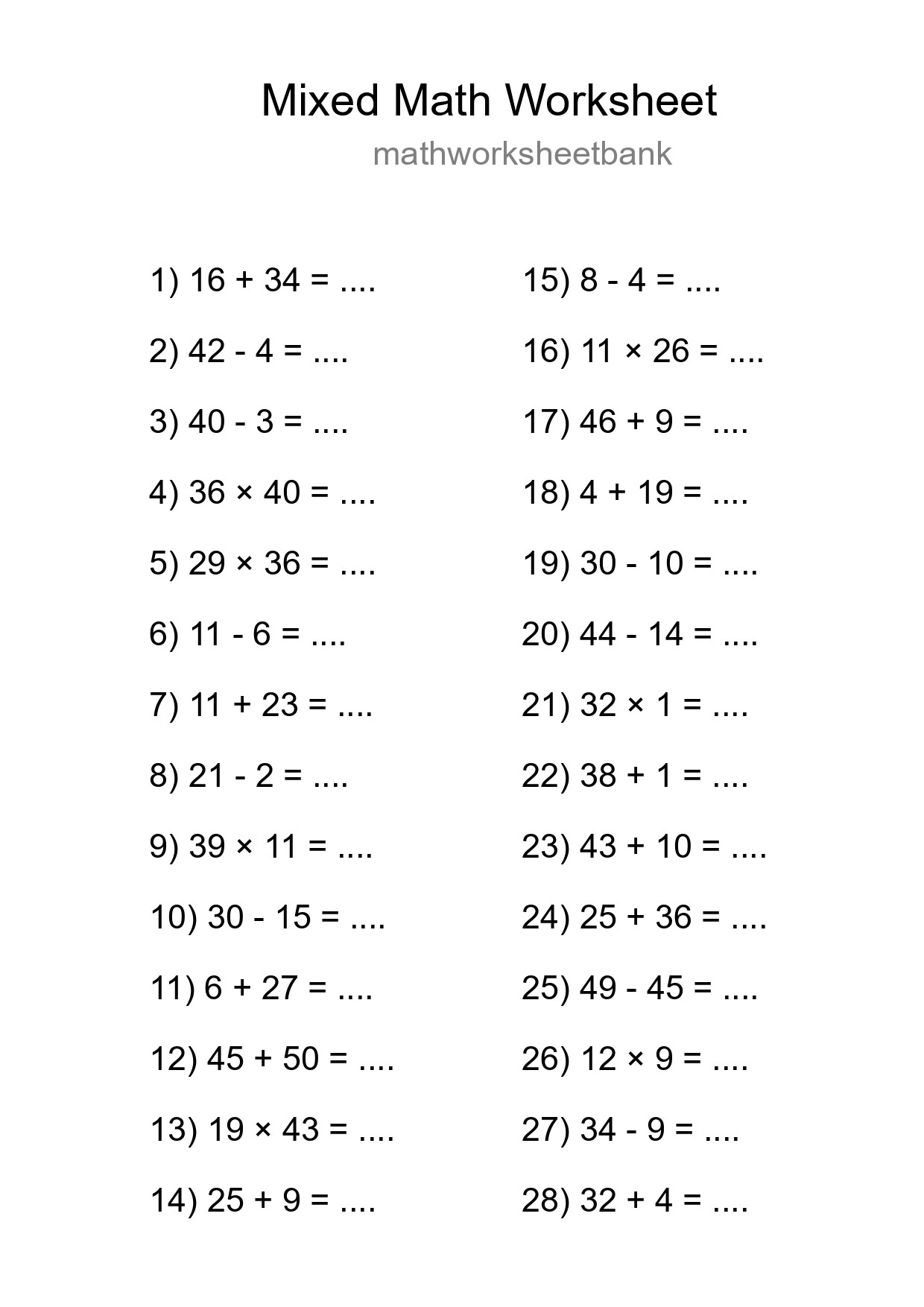 Mixed Operations Math Worksheet