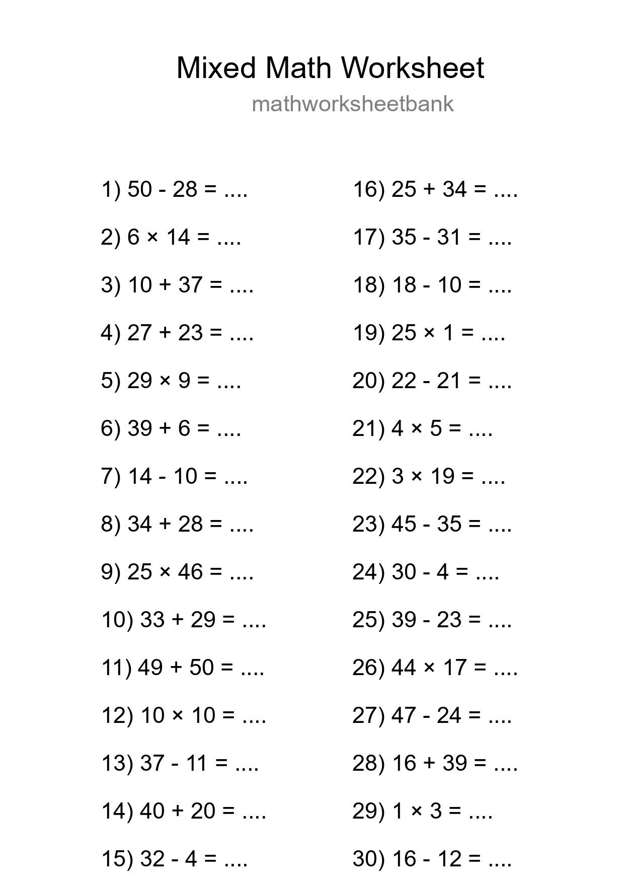 Mixed Operations Math Worksheet