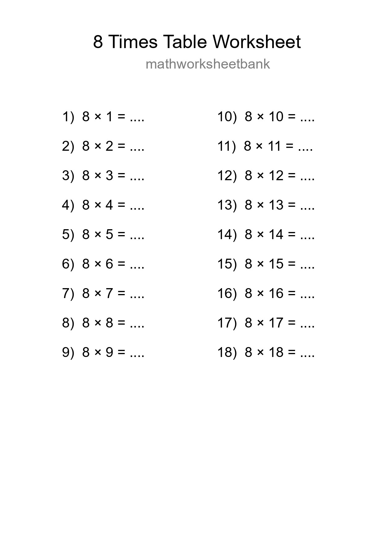 Printable 8 Times Table Worksheet For Grade 3 - Part 229