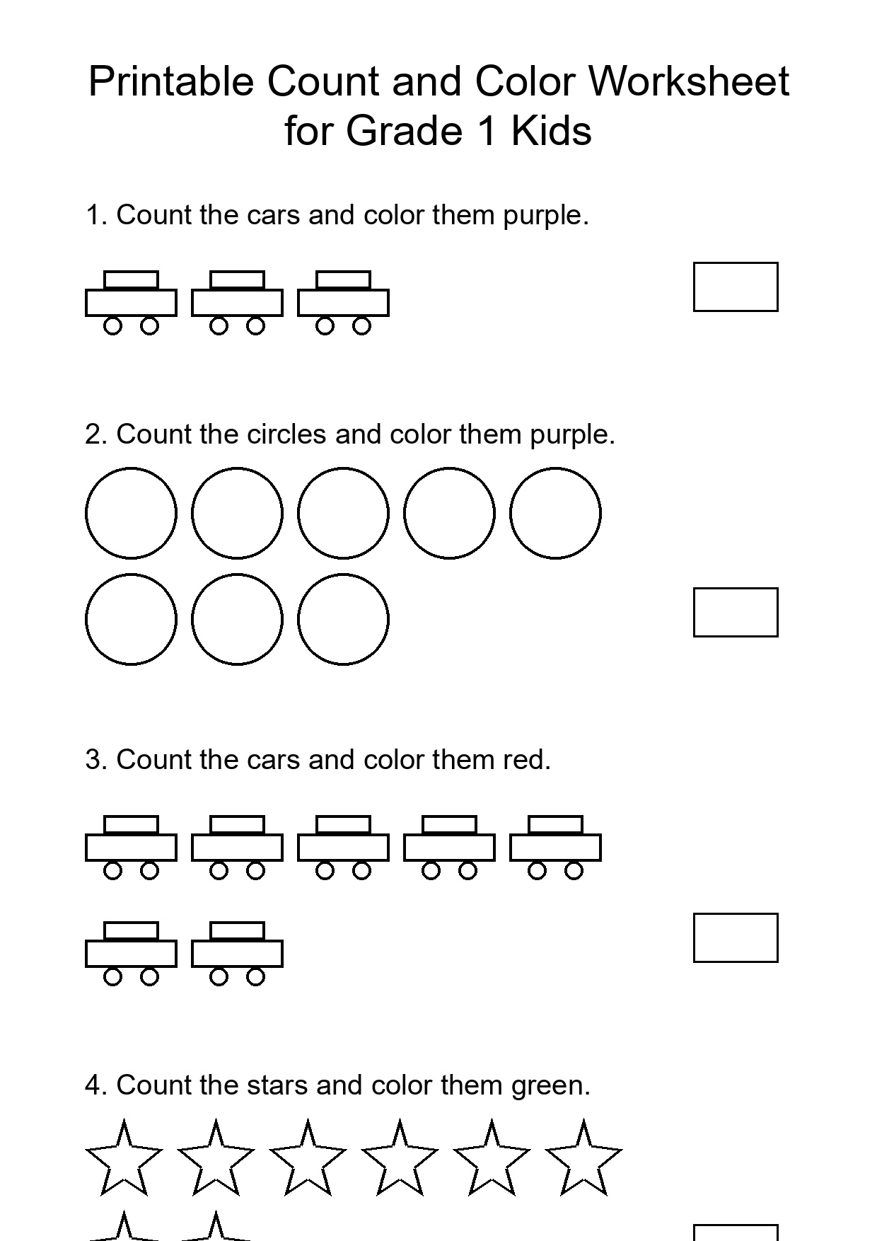 Printable Count and Color Worksheet for Grade 1 Kids