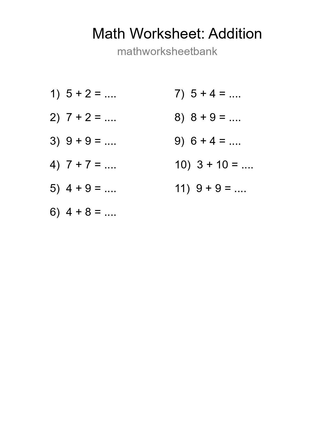 Printable Free 11 Addition Math Worksheet For Grade 1 - Part 241