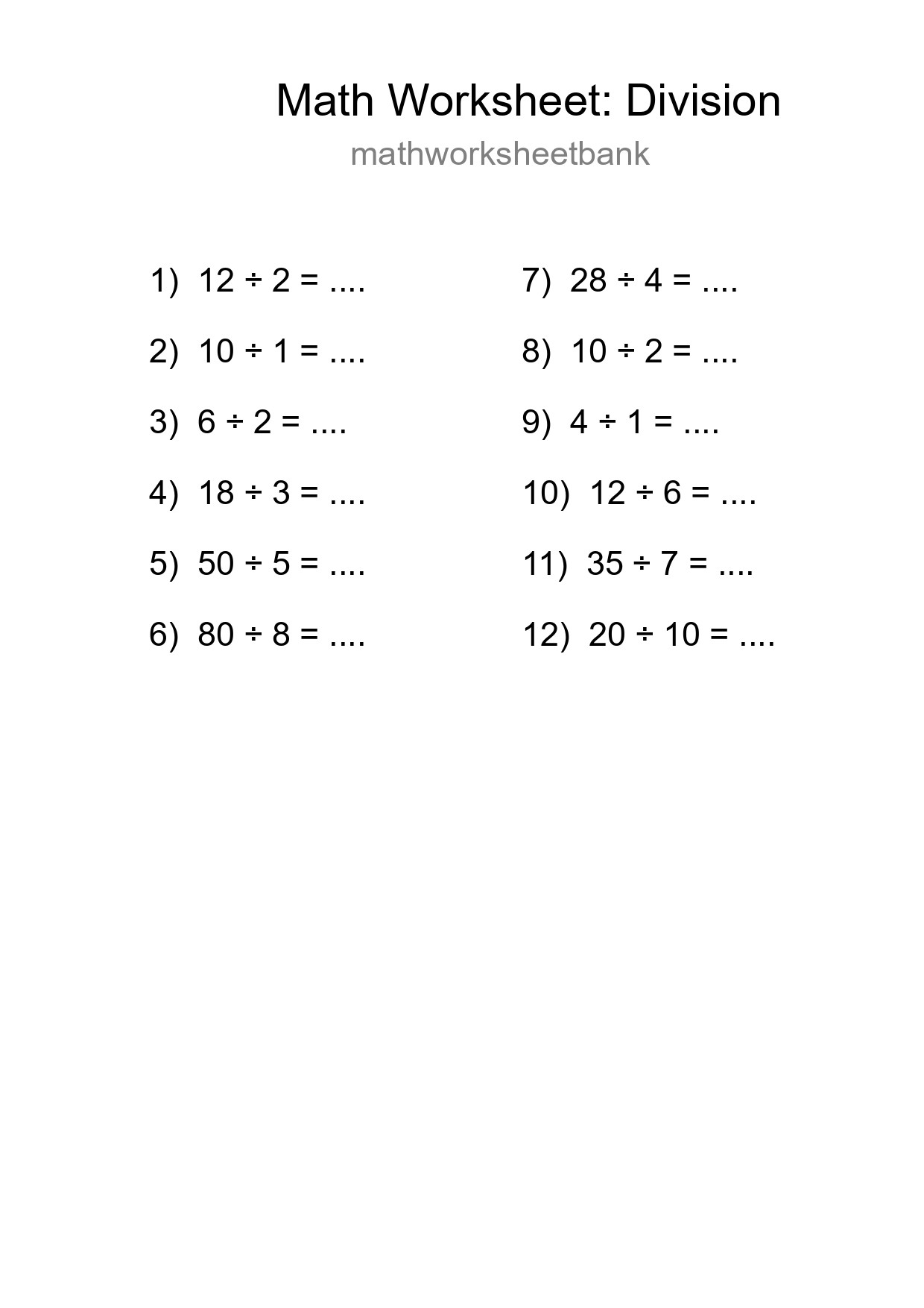 Printable Free 12 Division Math Worksheet For Grade 1 - Part 74