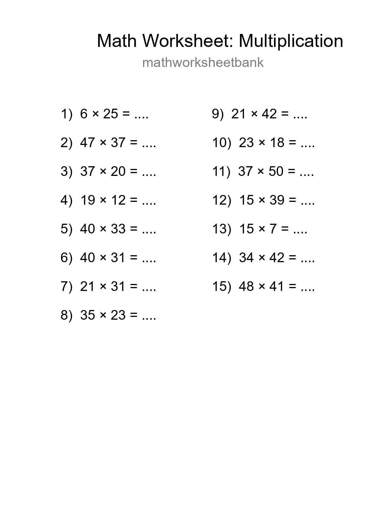 Printable Free 15 Multiplication Math Worksheet For Grade 2 - Part 207