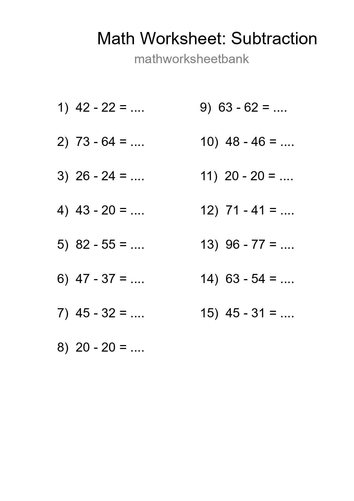 Printable Free 15 Subtraction Math Worksheet For Grade 3 - Part 68