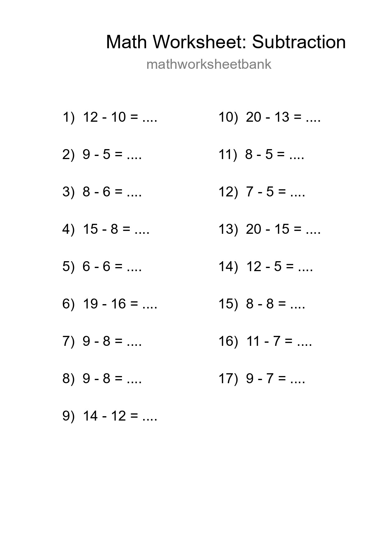 Printable Free 17 Subtraction Math Worksheet For Grade 2 - Part 118