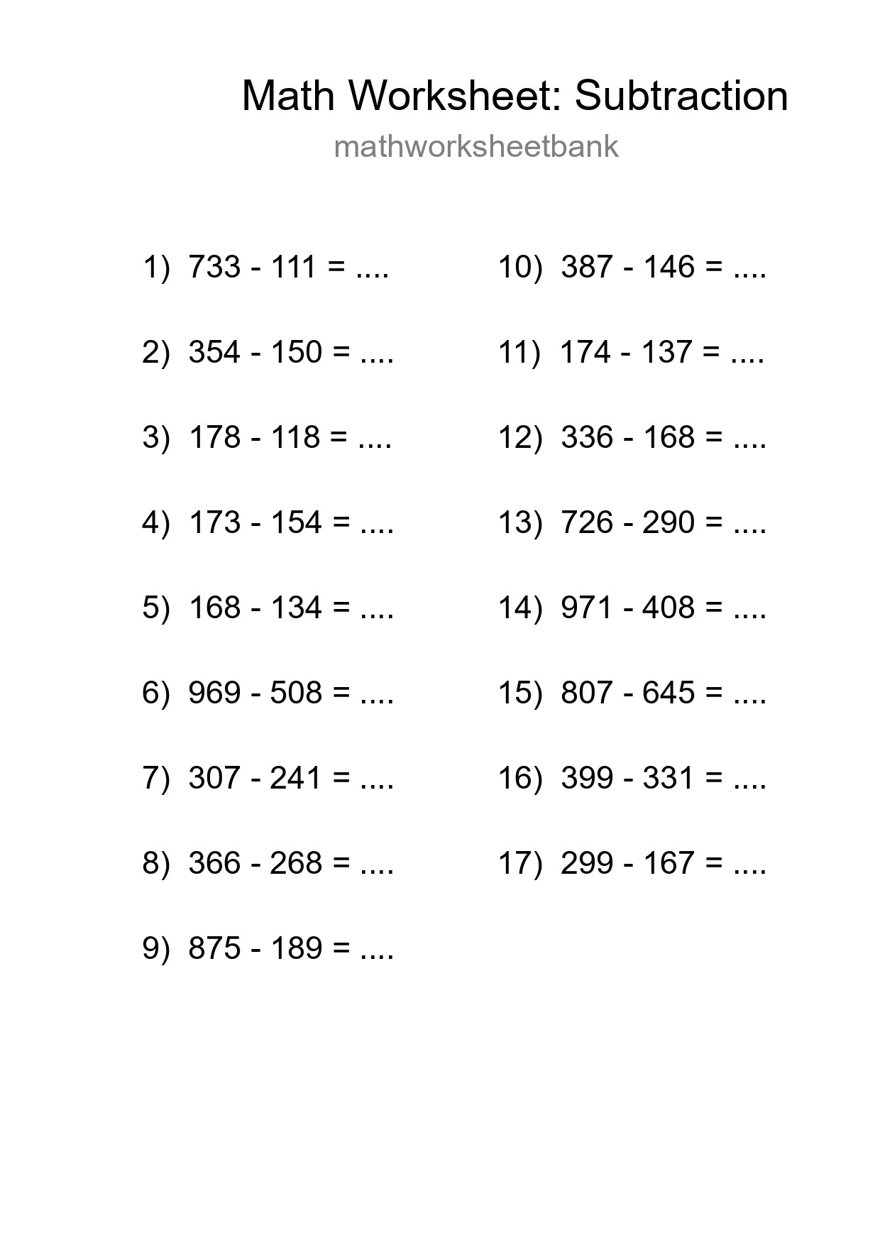 Printable Free 17 Subtraction Math Worksheet For Grade 5 - Part 208