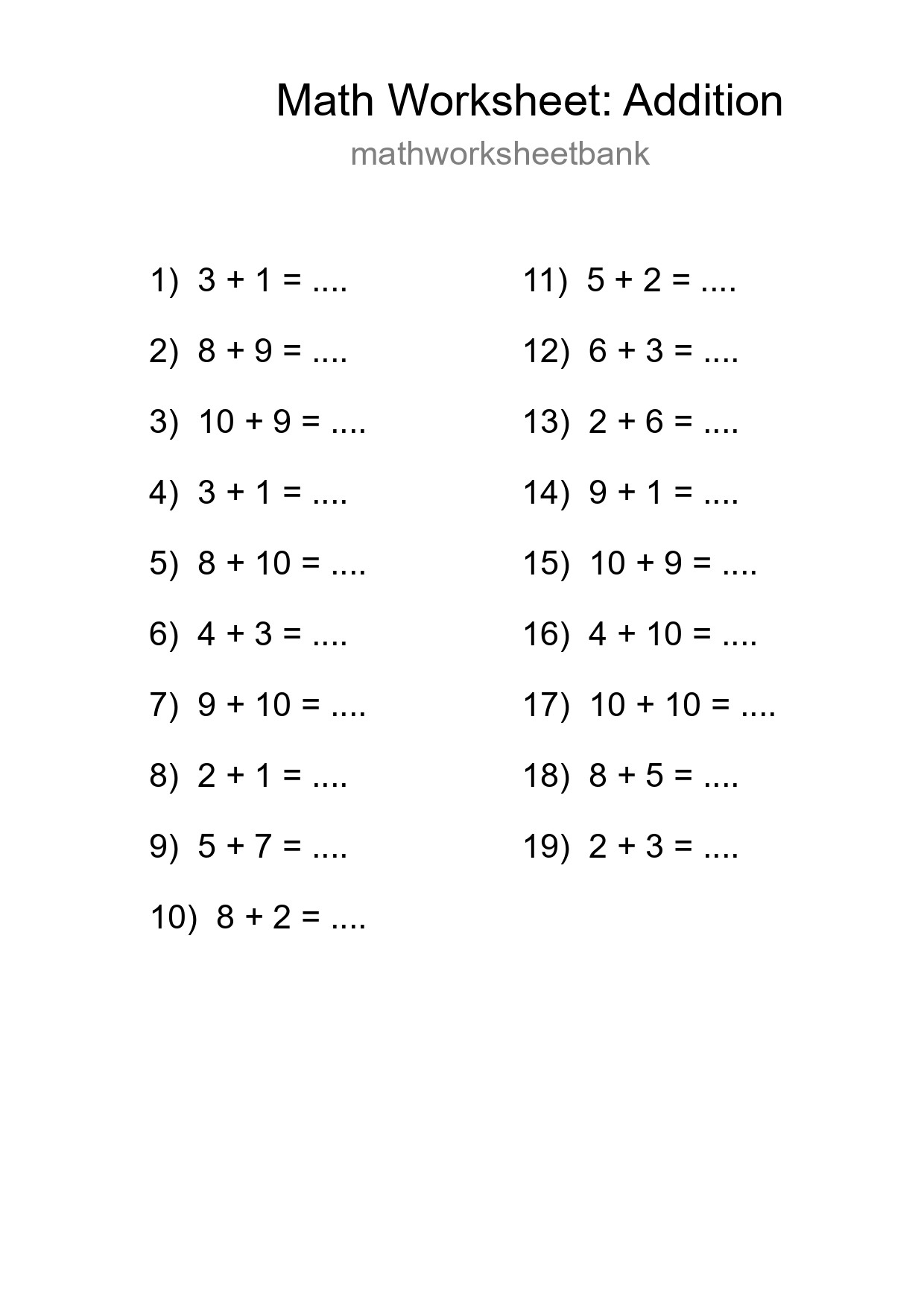 Printable Free 19 Addition Math Worksheet For Grade 1 - Part 11