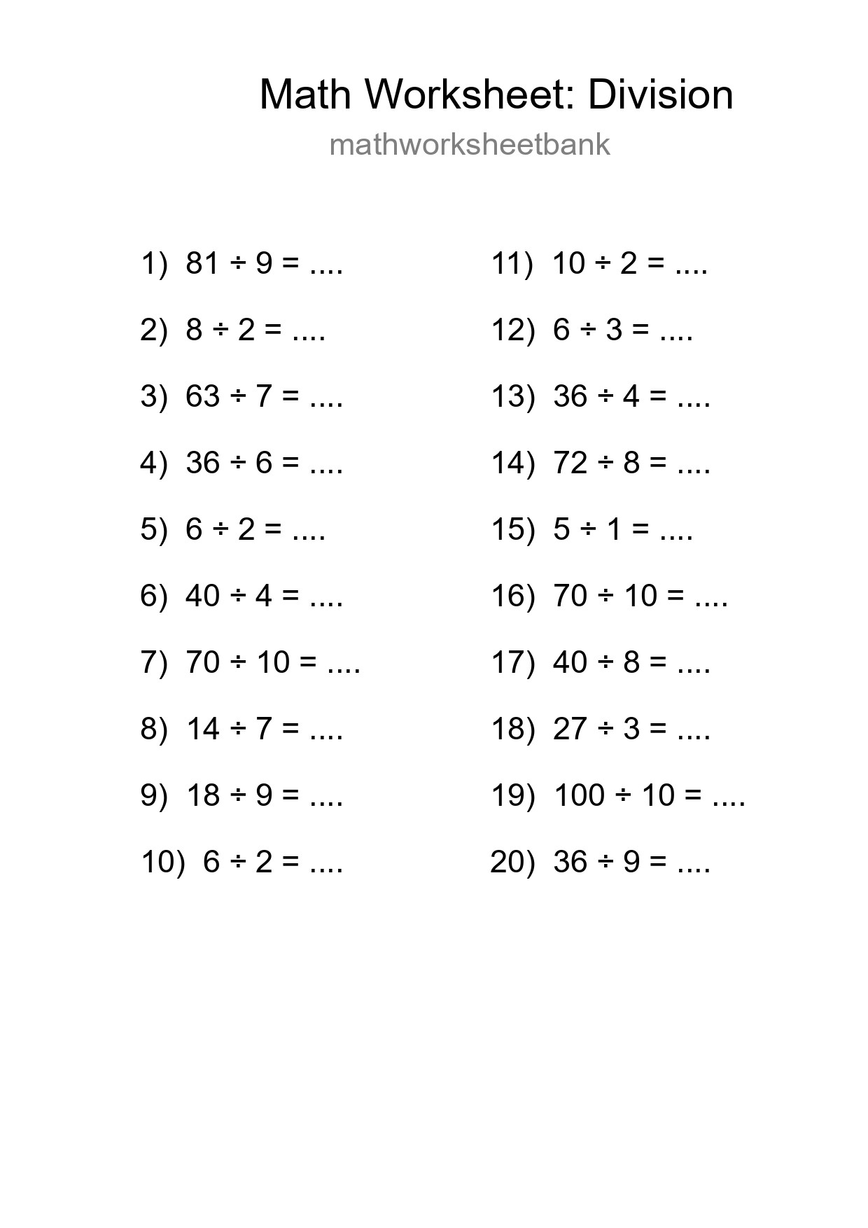 Printable Free 20 Division Math Worksheet For Grade 1 - Part 44