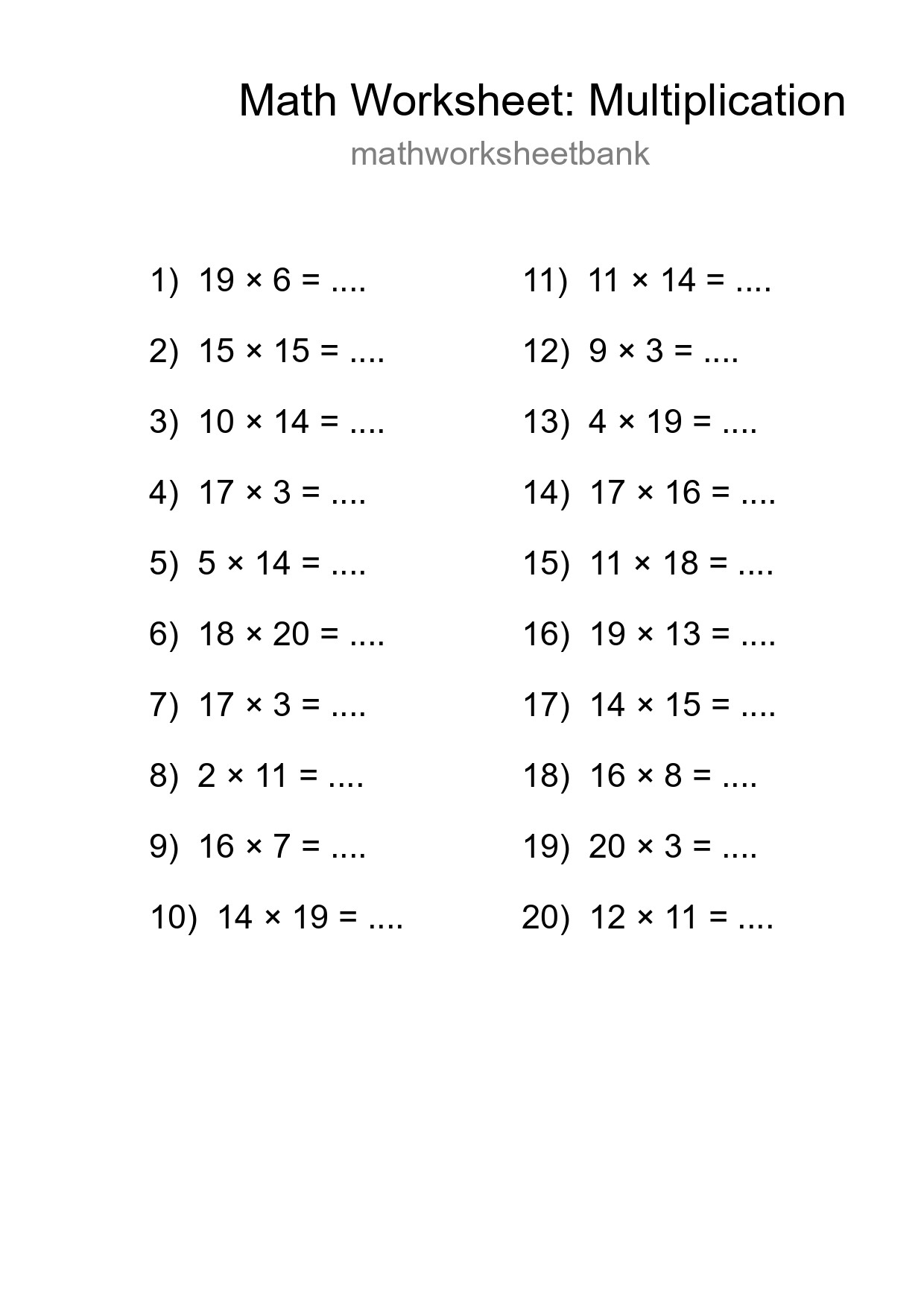 Printable Free 20 Multiplication Math Worksheet For Grade 2 - Part 7