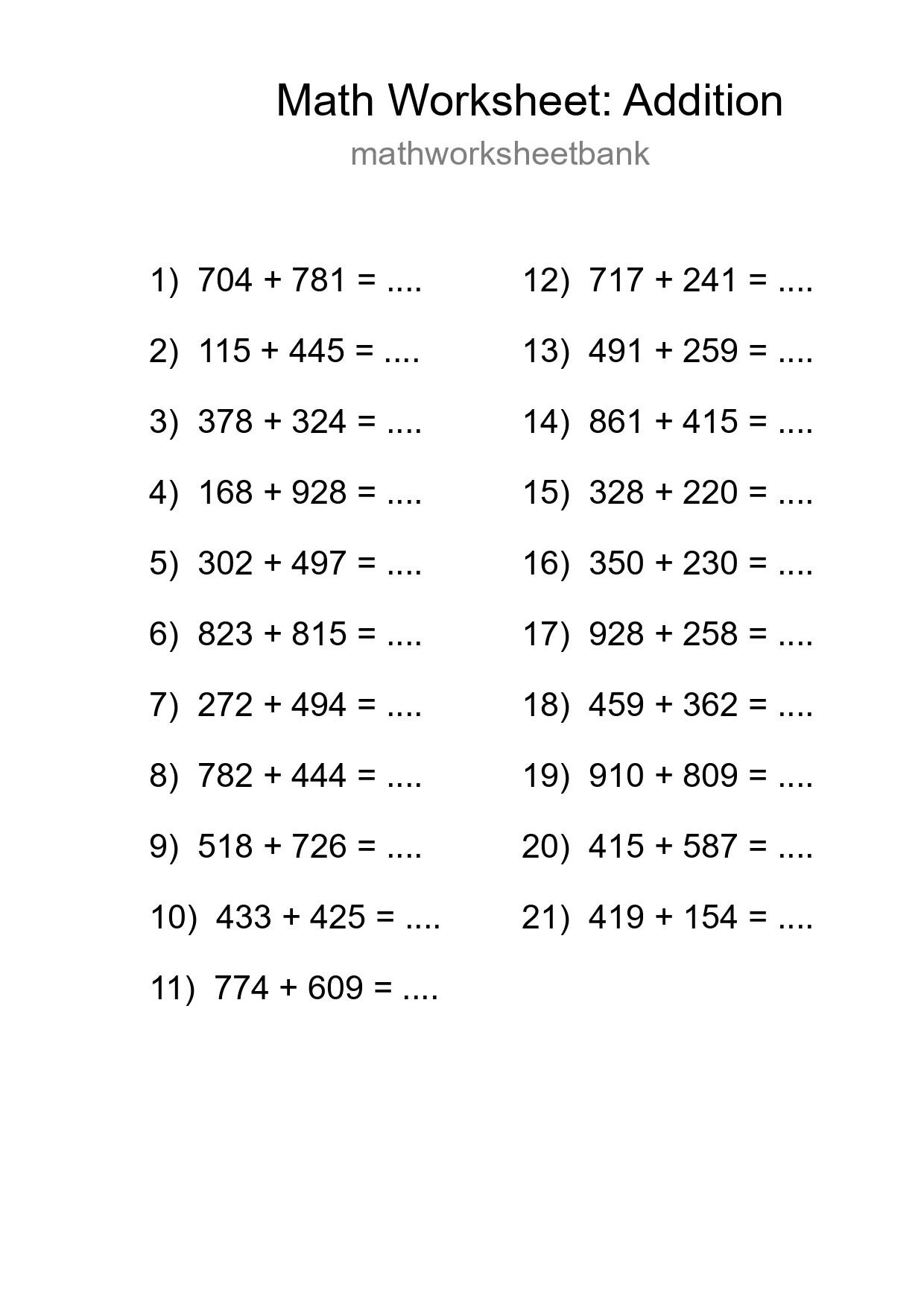 Printable Free 21 Addition Math Worksheet For Grade 5 - Part 201