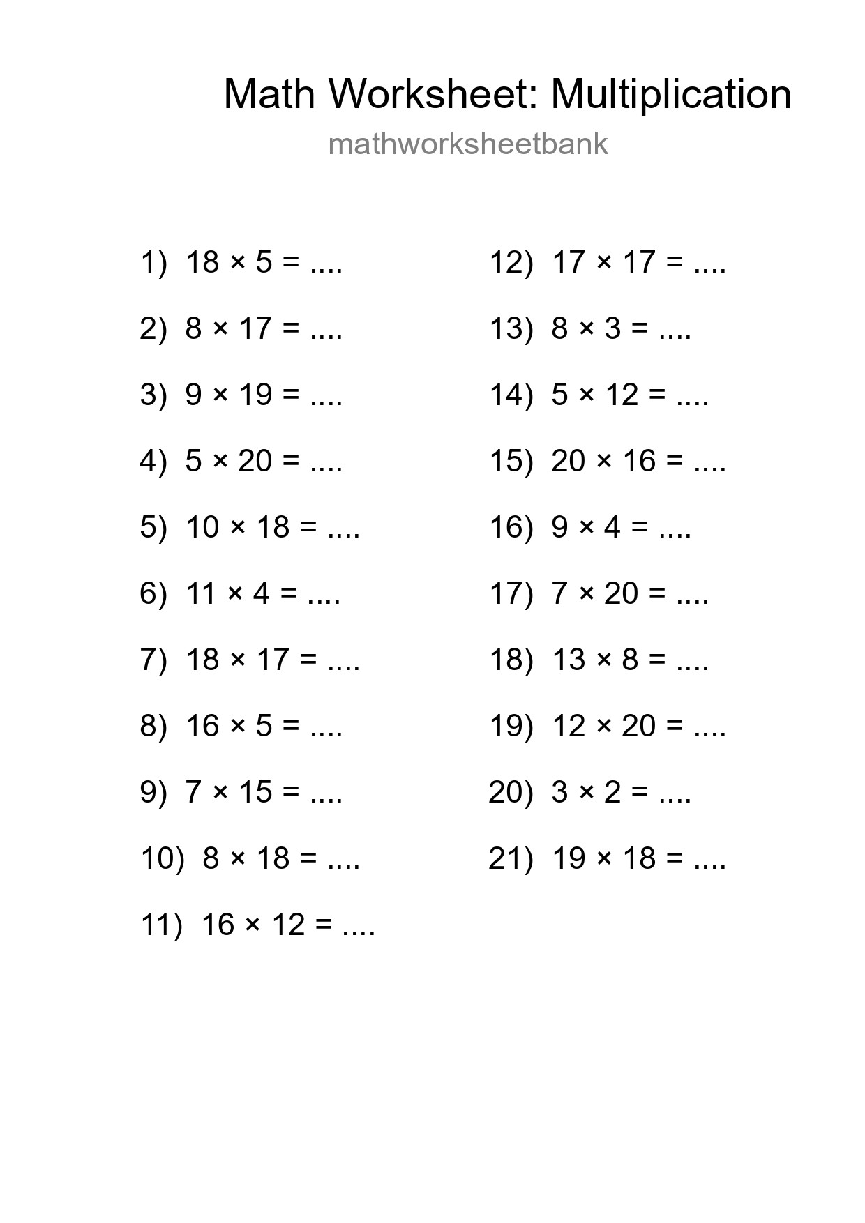 Printable Free 21 Multiplication Math Worksheet For Grade 2 - Part 197