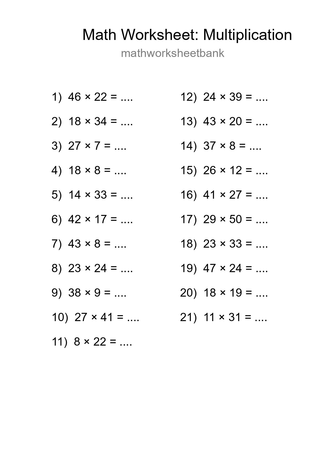 Printable Free 21 Multiplication Math Worksheet For Grade 2 - Part 277