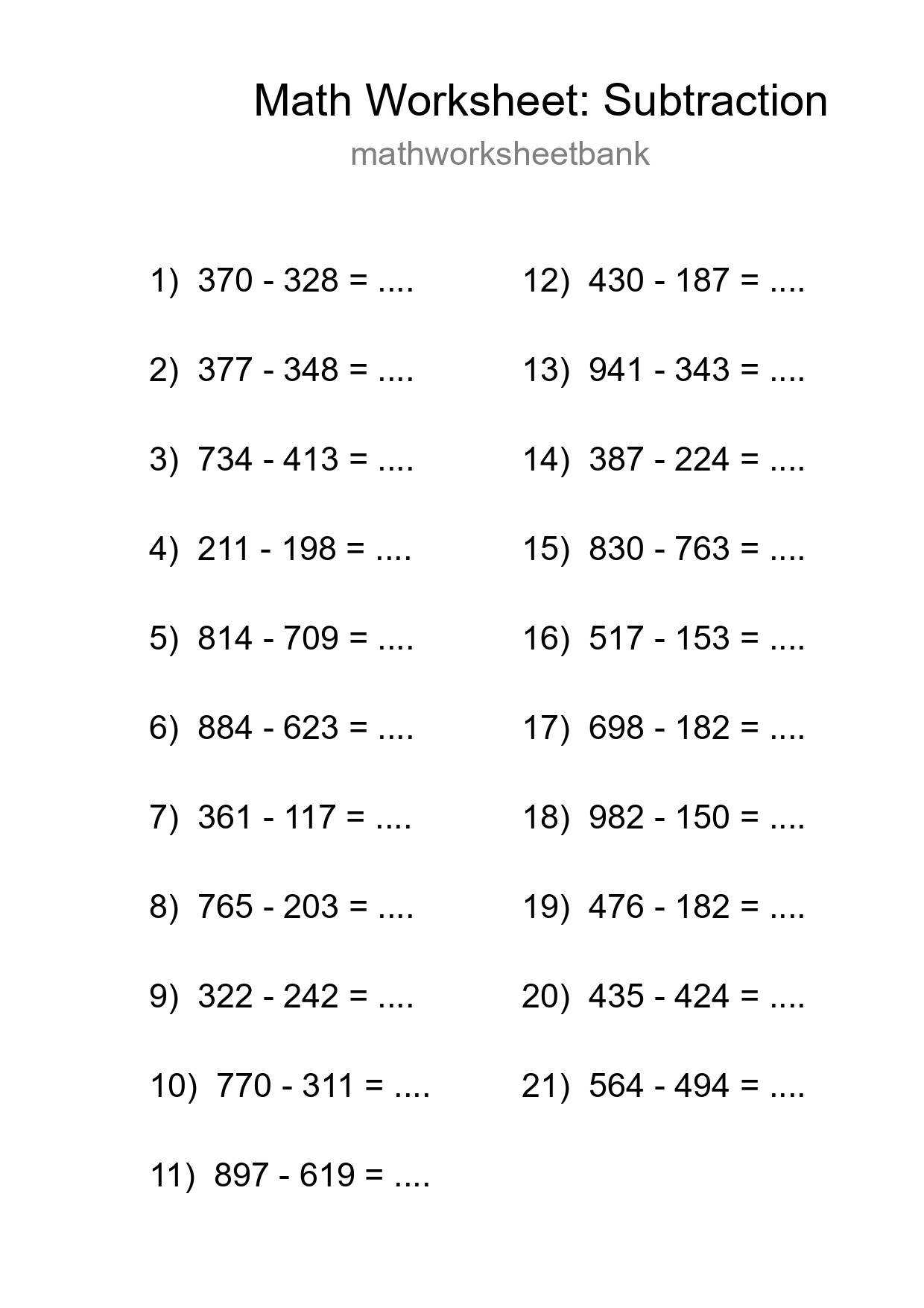 Printable Free 21 Subtraction Math Worksheet For Grade 5 - Part 158
