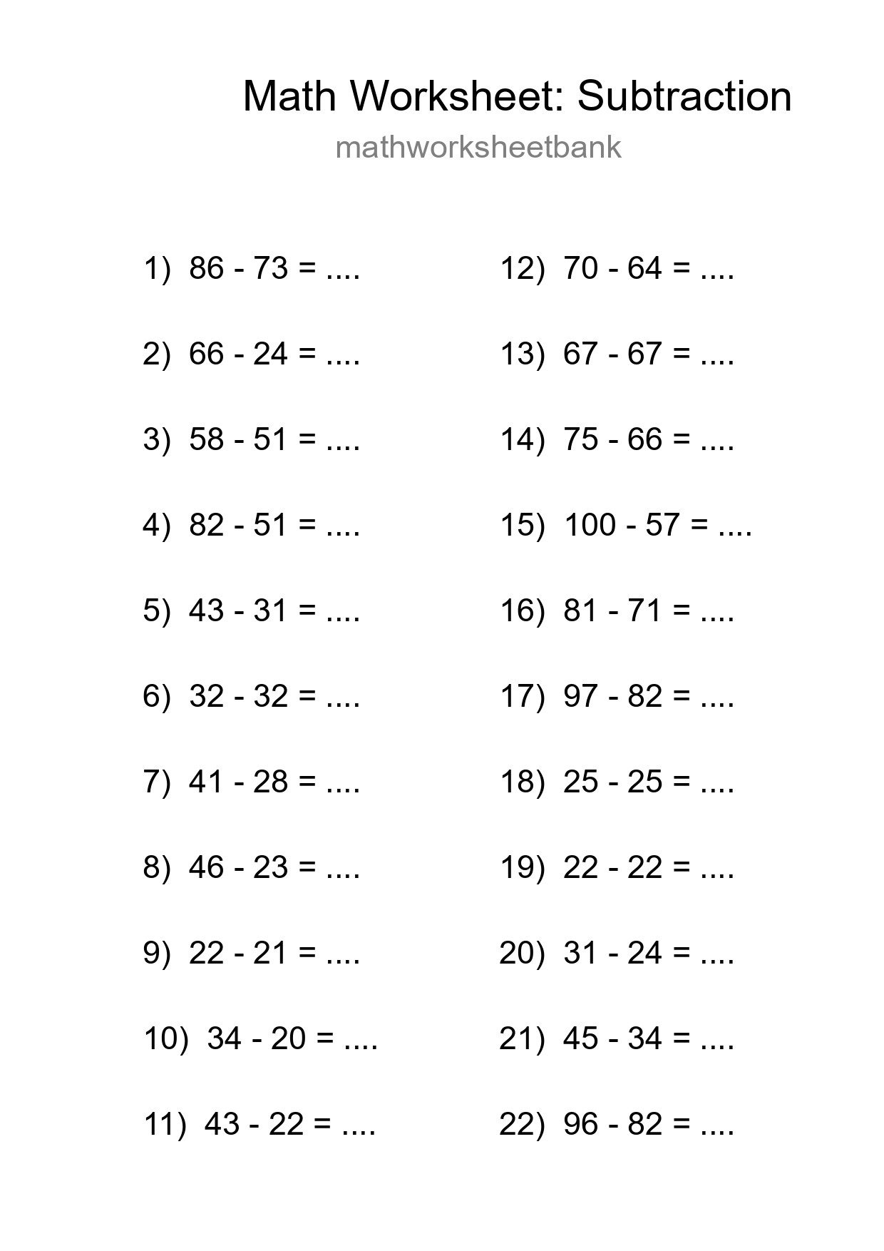 Printable Free 22 Subtraction Math Worksheet For Grade 3 - Part 278