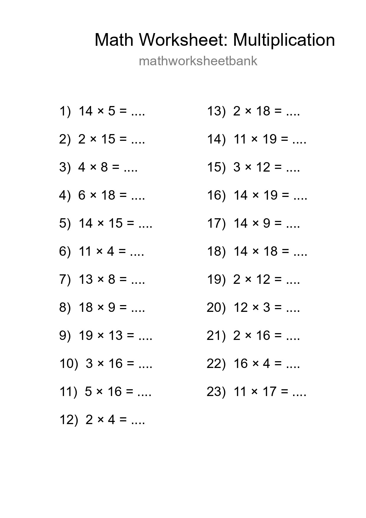 Printable Free 23 Multiplication Math Worksheet For Grade 2 - Part 237
