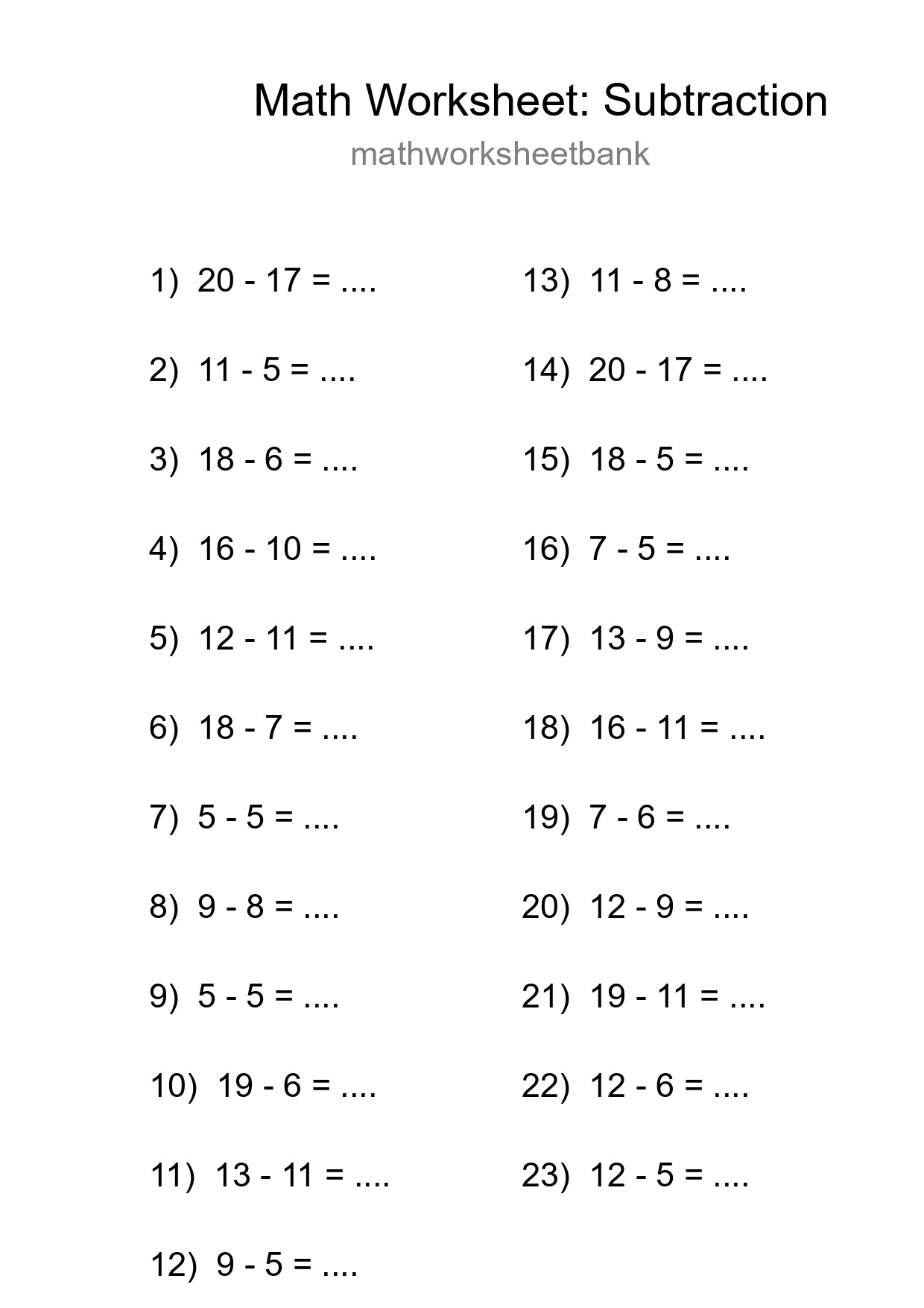 Printable Free 23 Subtraction Math Worksheet For Grade 2 - Part 168