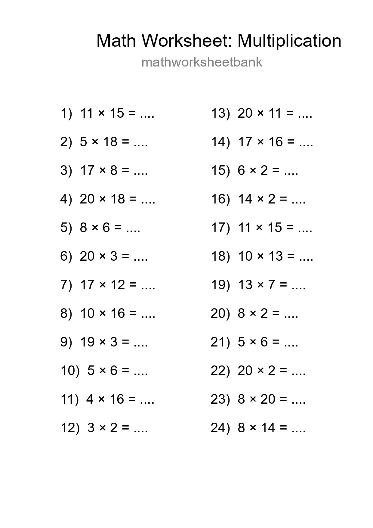 Printable Free 24 Multiplication Math Worksheet For Grade 2 - Part 177